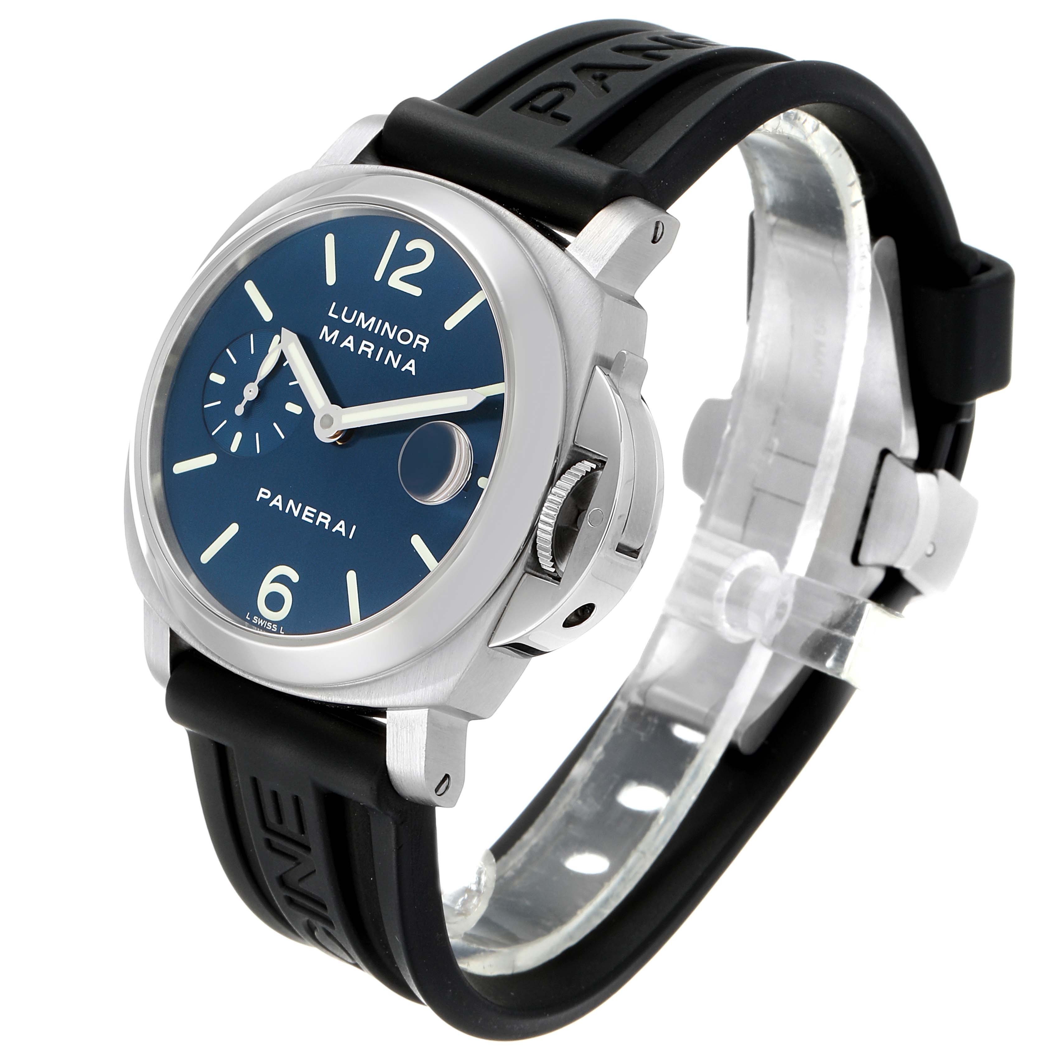The image shows a Panerai Luminor PAM00070 Men's Stainless Steel Blue Dial PAM00070 Men's Stainless Steel Blue Dial watch at a slight angle, highlighting its black strap, blue dial, and crown guard.