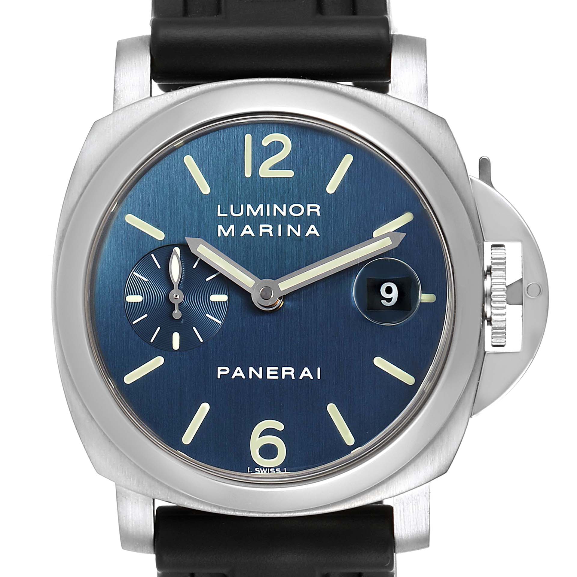 This is a front view of a Panerai Luminor PAM00070 Men's Stainless Steel Blue Dial PAM00070 Men's Stainless Steel Blue Dial watch, showing the dial, hands, date window, and crown guard.