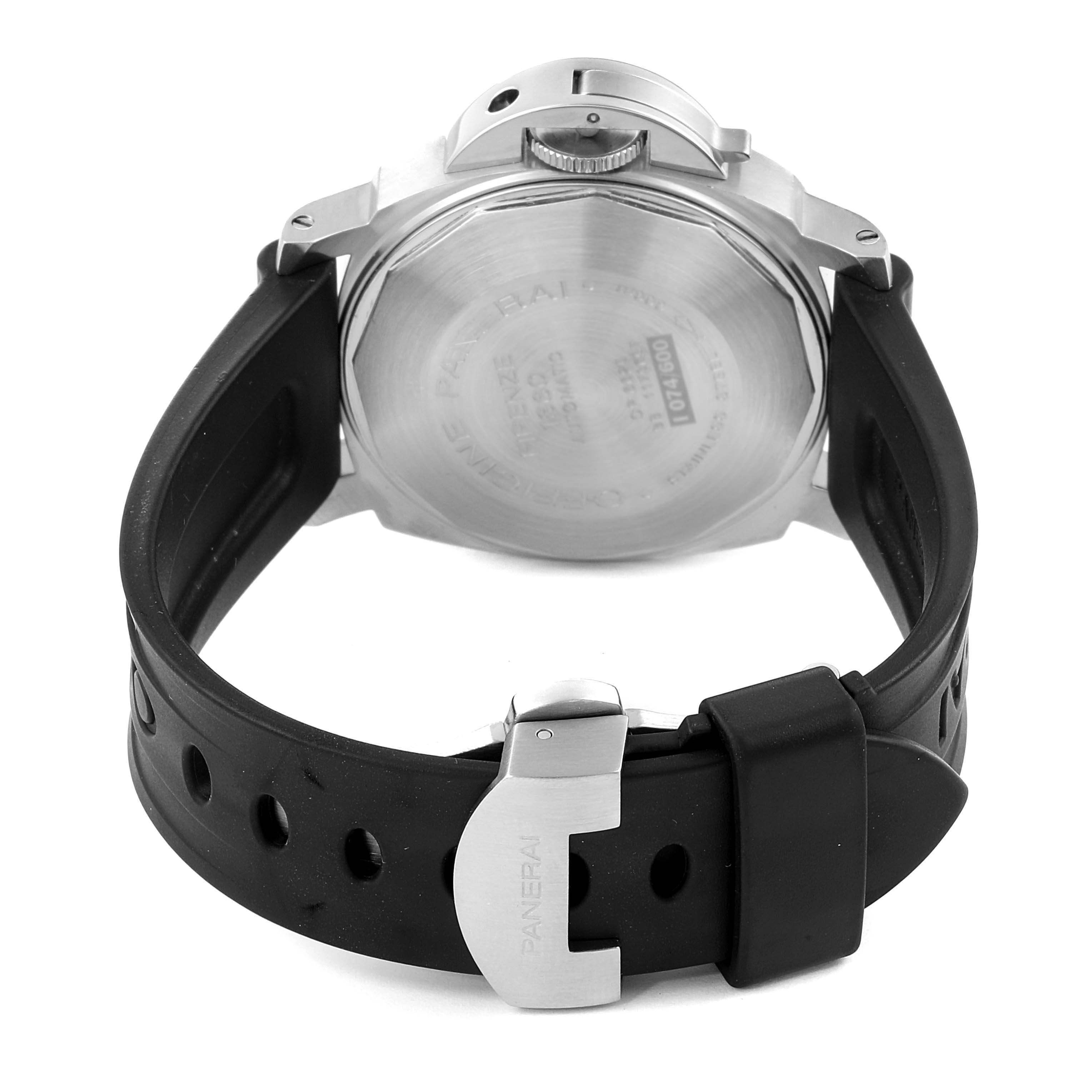 The image shows the rear view of a Panerai Luminor PAM00070 Men's Stainless Steel Blue Dial PAM00070 Men's Stainless Steel Blue Dial watch, highlighting its backcase and black rubber strap with a Panerai-branded buckle.