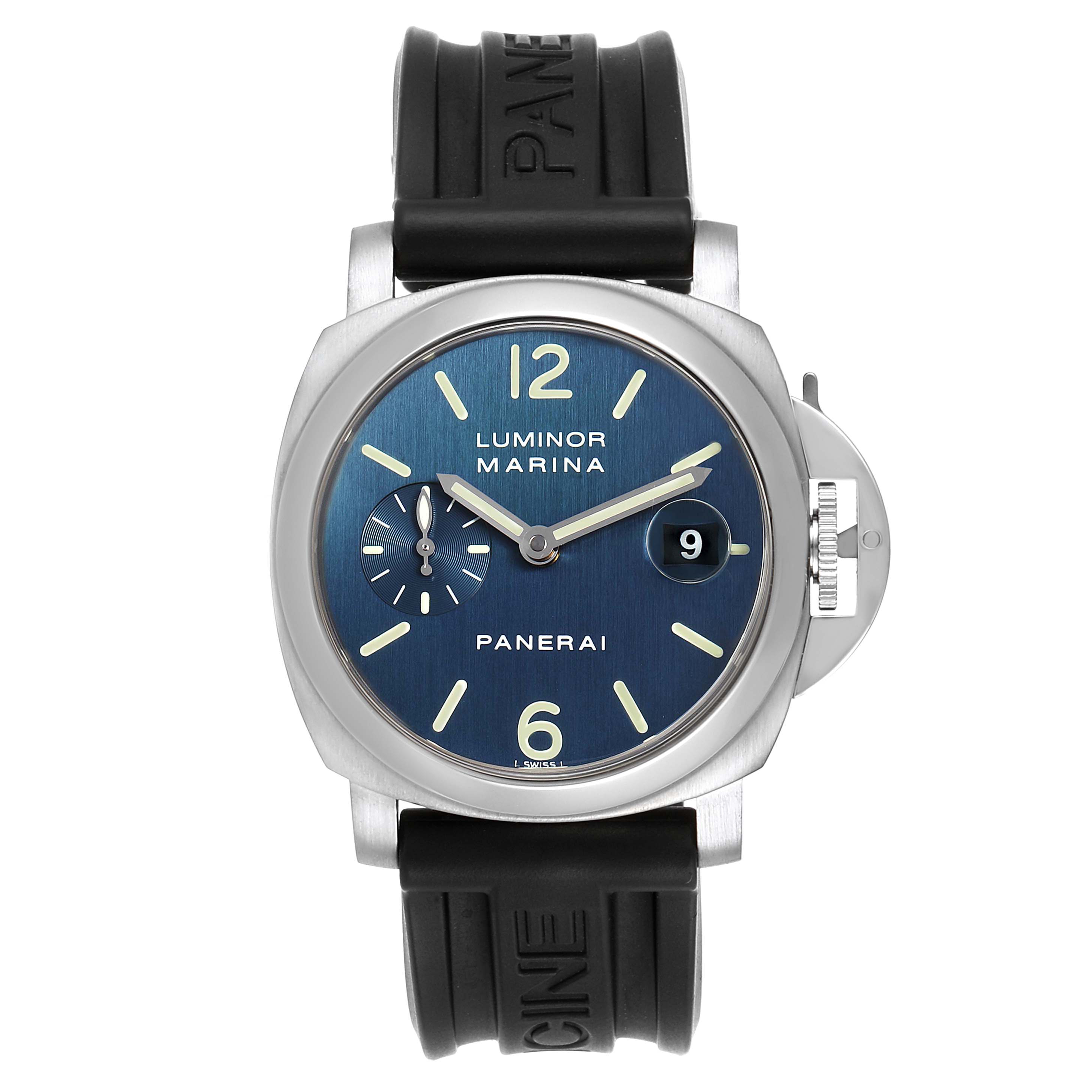 The image shows a front view of a Panerai Luminor PAM00070 Men's Stainless Steel Blue Dial PAM00070 Men's Stainless Steel Blue Dial watch, highlighting its blue dial, case, and black rubber strap.
