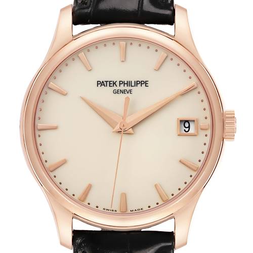The Patek Philippe Calatrava 5227R Men's Rose Gold Beige Dial watch is shown from a front angle, displaying the dial, hands, markers, case, and crown.
