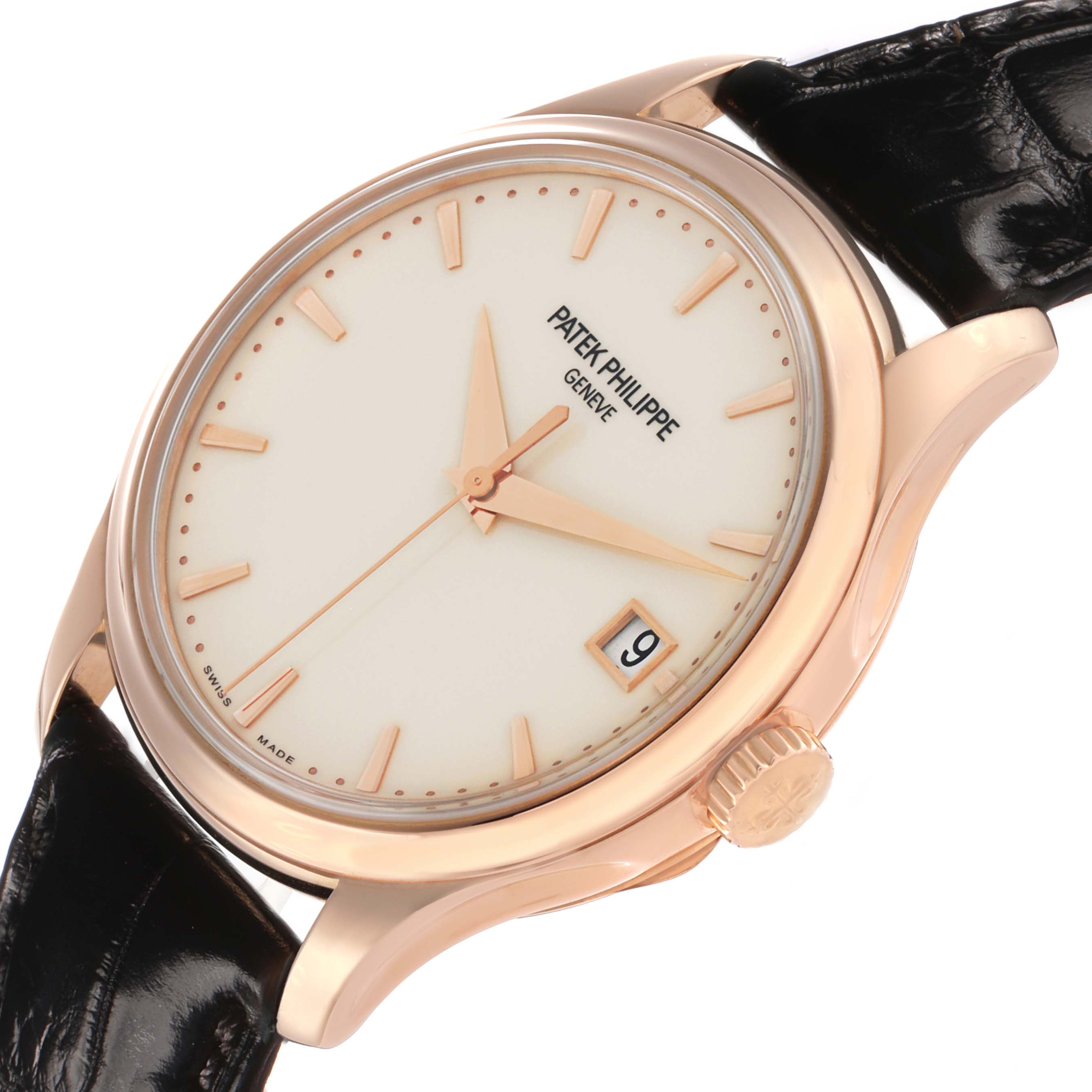The Patek Philippe Calatrava 5227R Men's Rose Gold Beige Dial watch is shown at an oblique angle, highlighting the dial, crown, and strap.