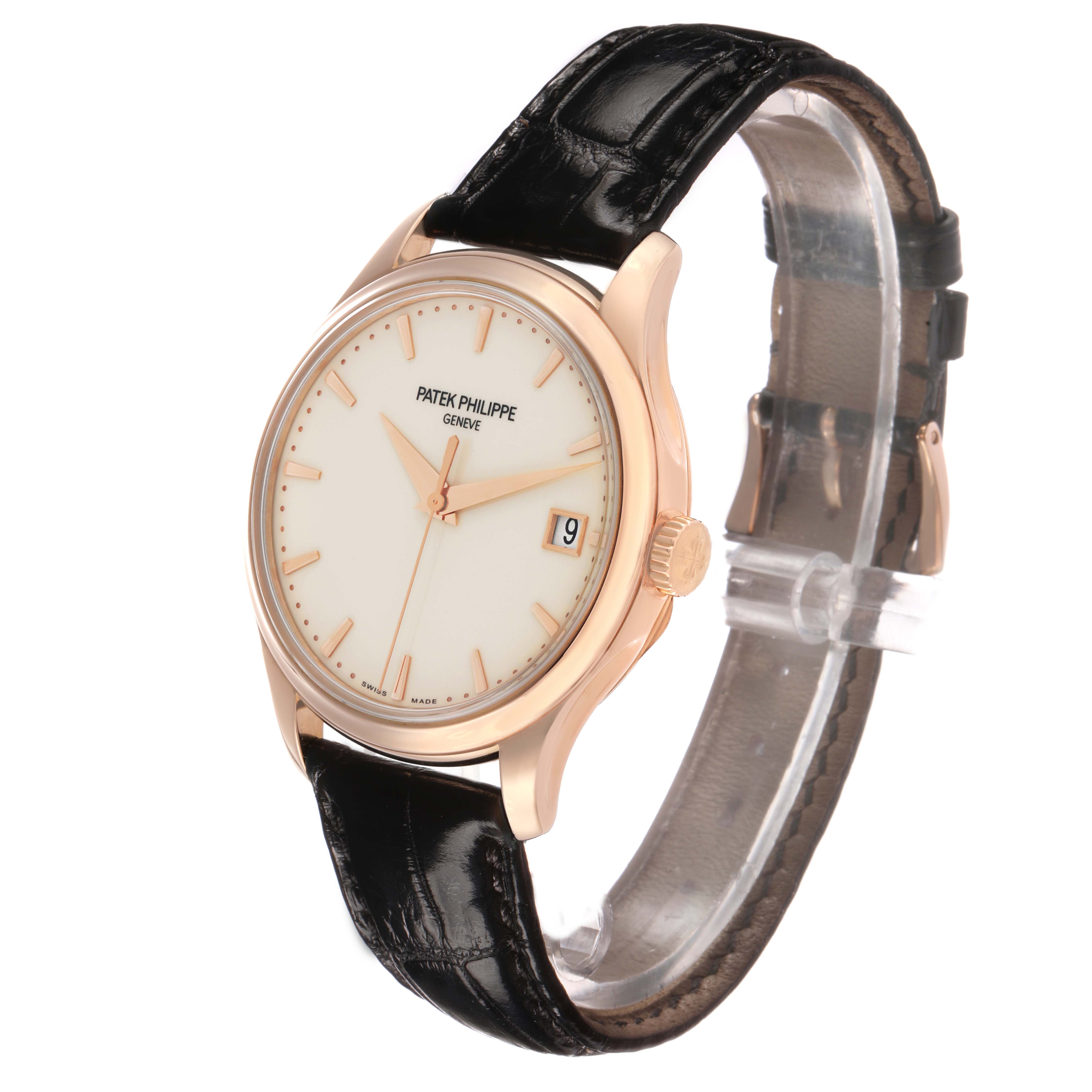 The Patek Philippe Calatrava 5227R Men's Rose Gold Beige Dial watch is shown at a slight angle highlighting the dial, crown, and leather strap.