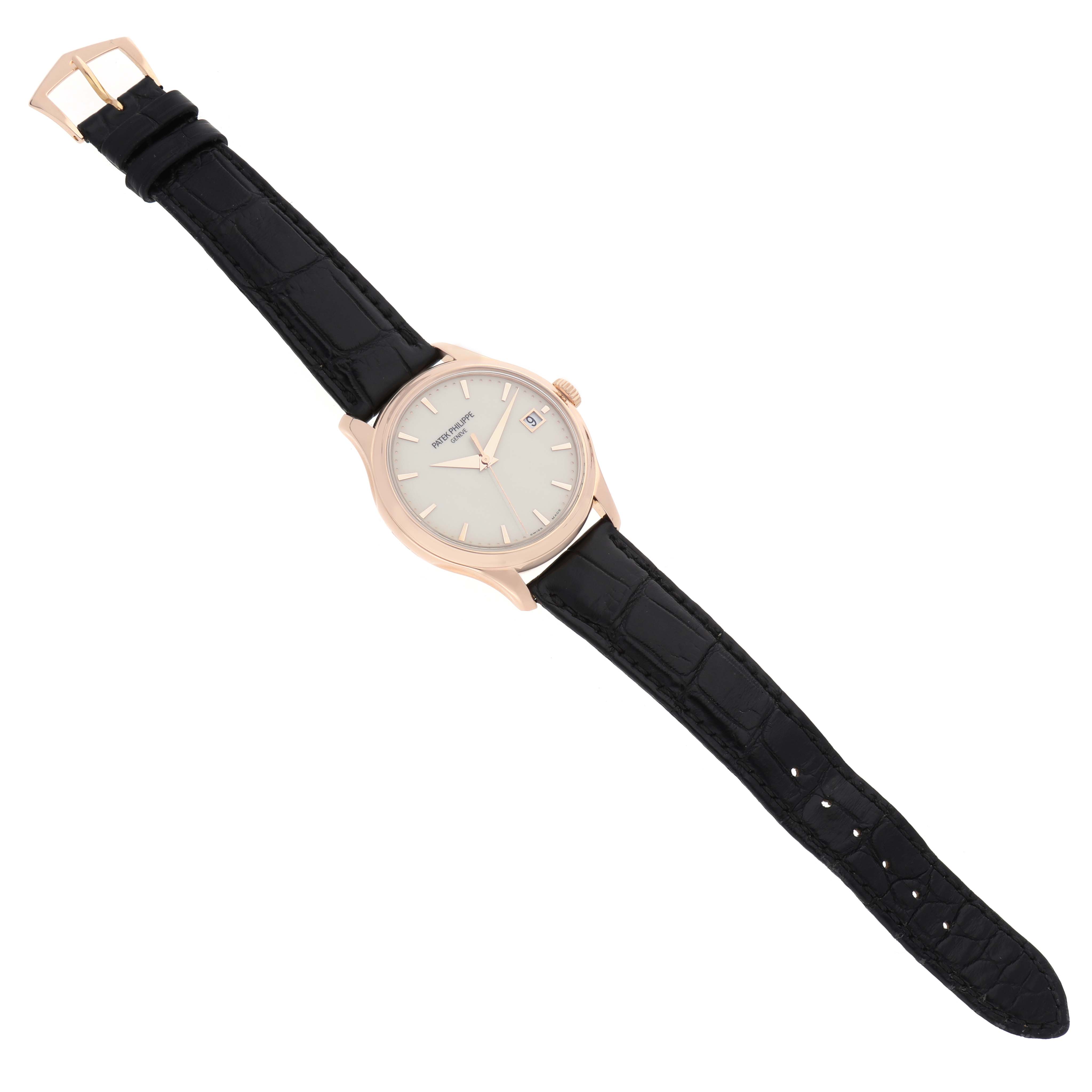 The Patek Philippe Calatrava 5227R Men's Rose Gold Beige Dial watch is shown at a slight angle, displaying the dial, case, and full strap.