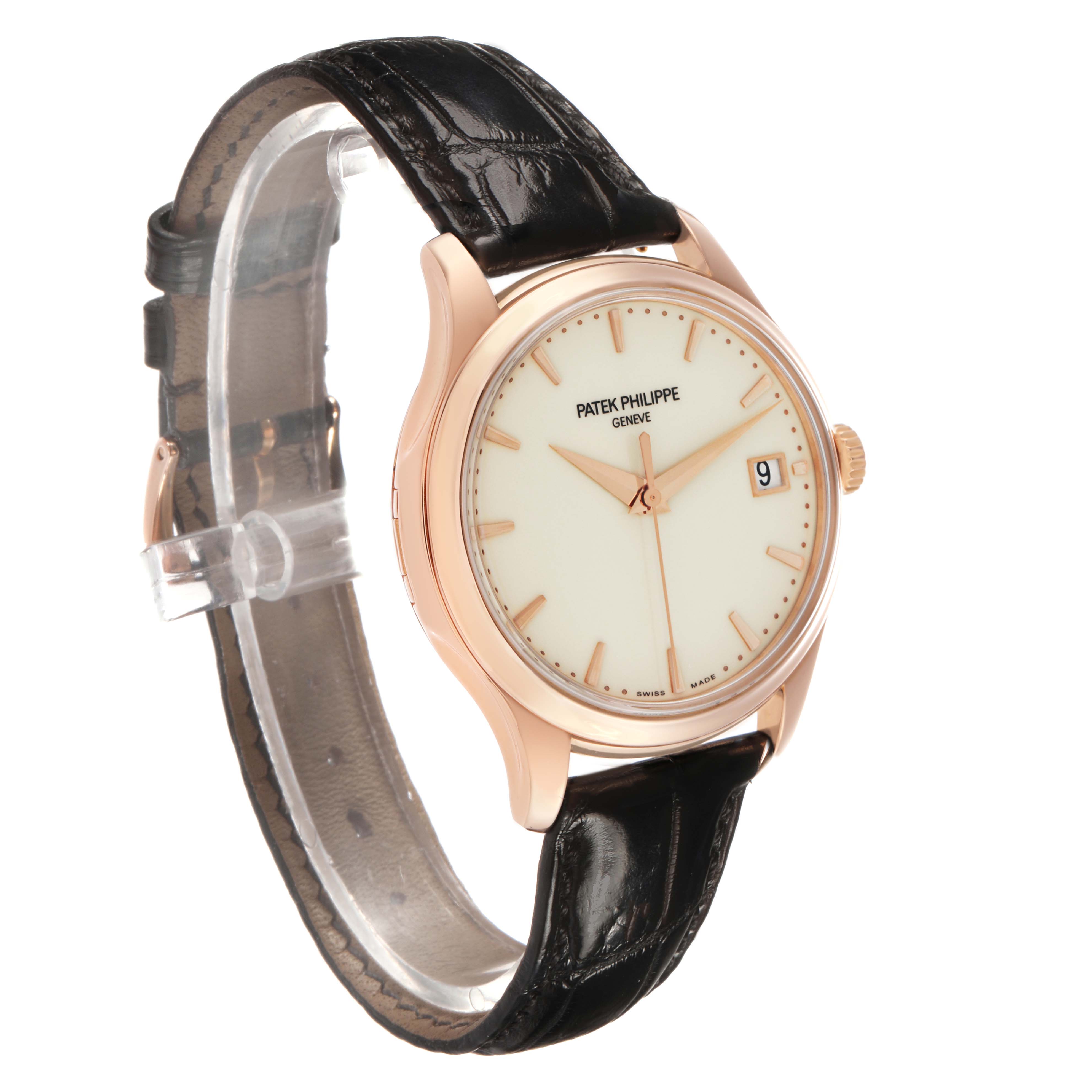 The Patek Philippe Calatrava 5227R Men's Rose Gold Beige Dial watch is shown at a three-quarter angle, highlighting the face, case, crown, and leather strap.
