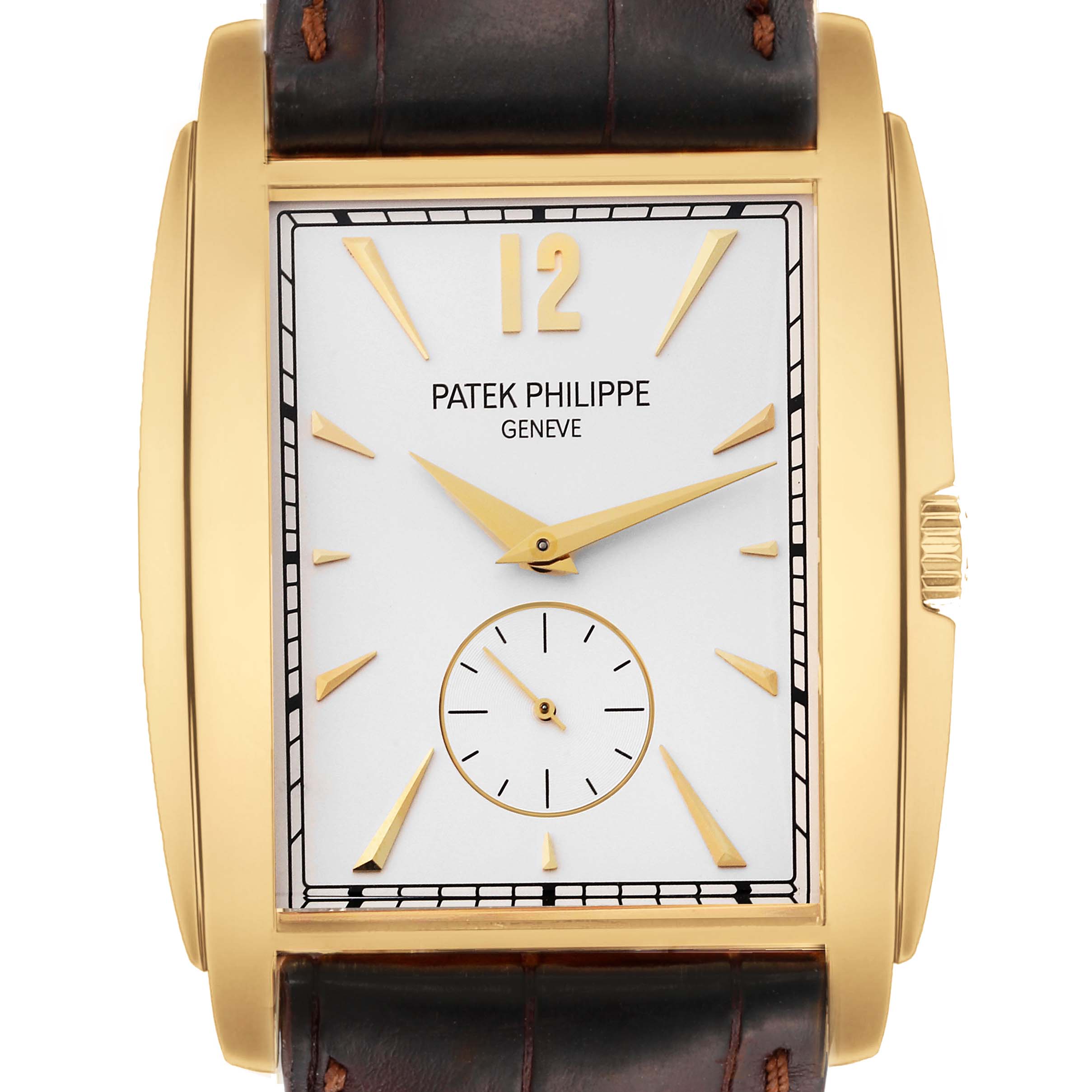 This image shows a front view of the Patek Philippe Gondolo 5124J Men's Yellow Gold Silver Dial 5124J Men's Yellow Gold Silver Dial watch, highlighting its gold case, white dial, and leather strap.