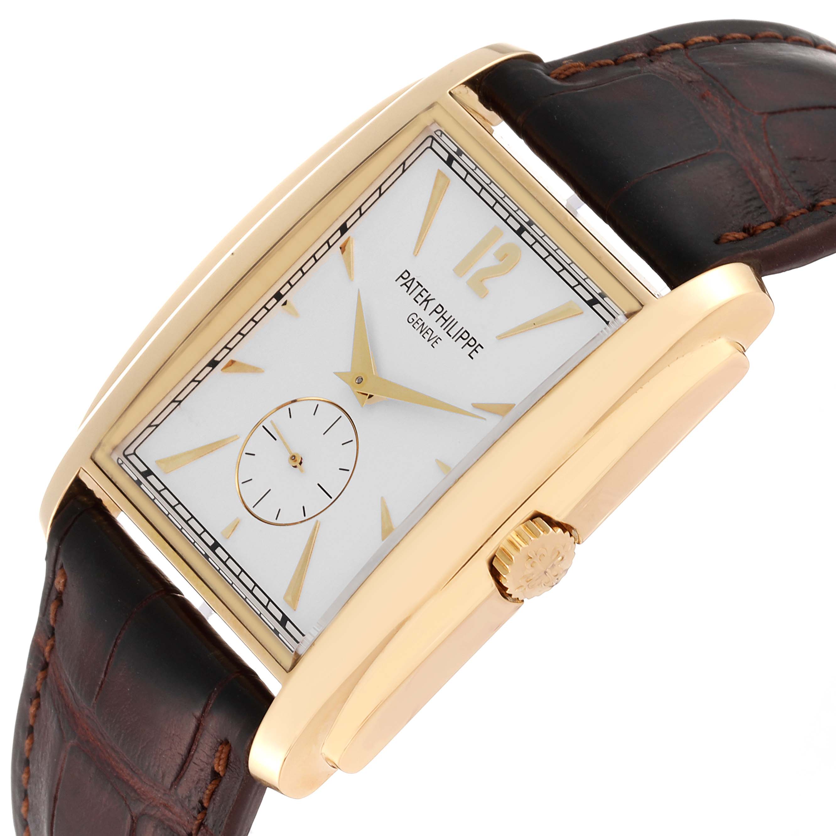 The Patek Philippe Gondolo 5124J Men's Yellow Gold Silver Dial 5124J Men's Yellow Gold Silver Dial watch is shown at an angle that displays its face, crown, and part of the brown leather strap.