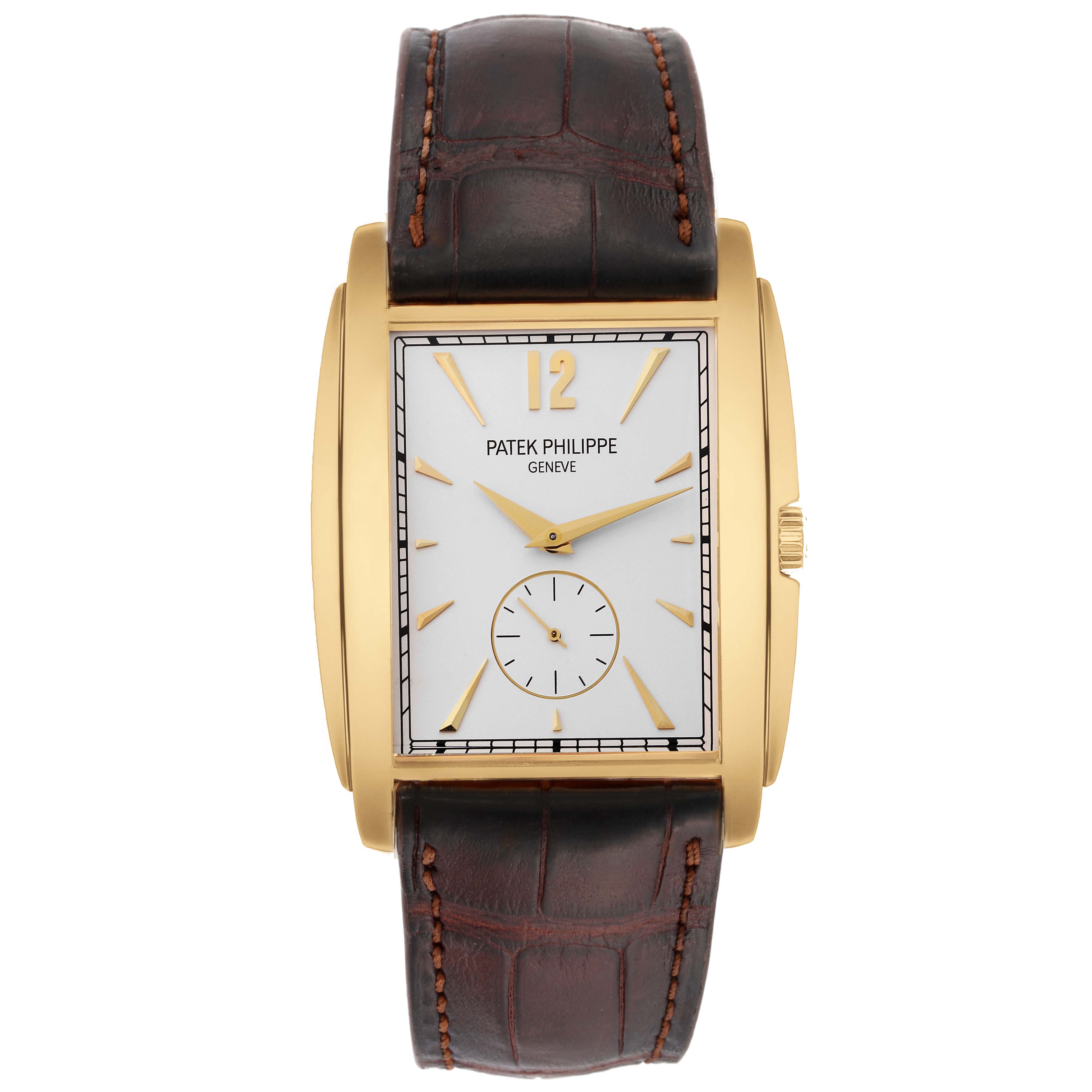 This image shows a Patek Philippe Gondolo 5124J Men's Yellow Gold Silver Dial 5124J Men's Yellow Gold Silver Dial watch from a front angle, featuring its dial, rectangular case, and leather strap.