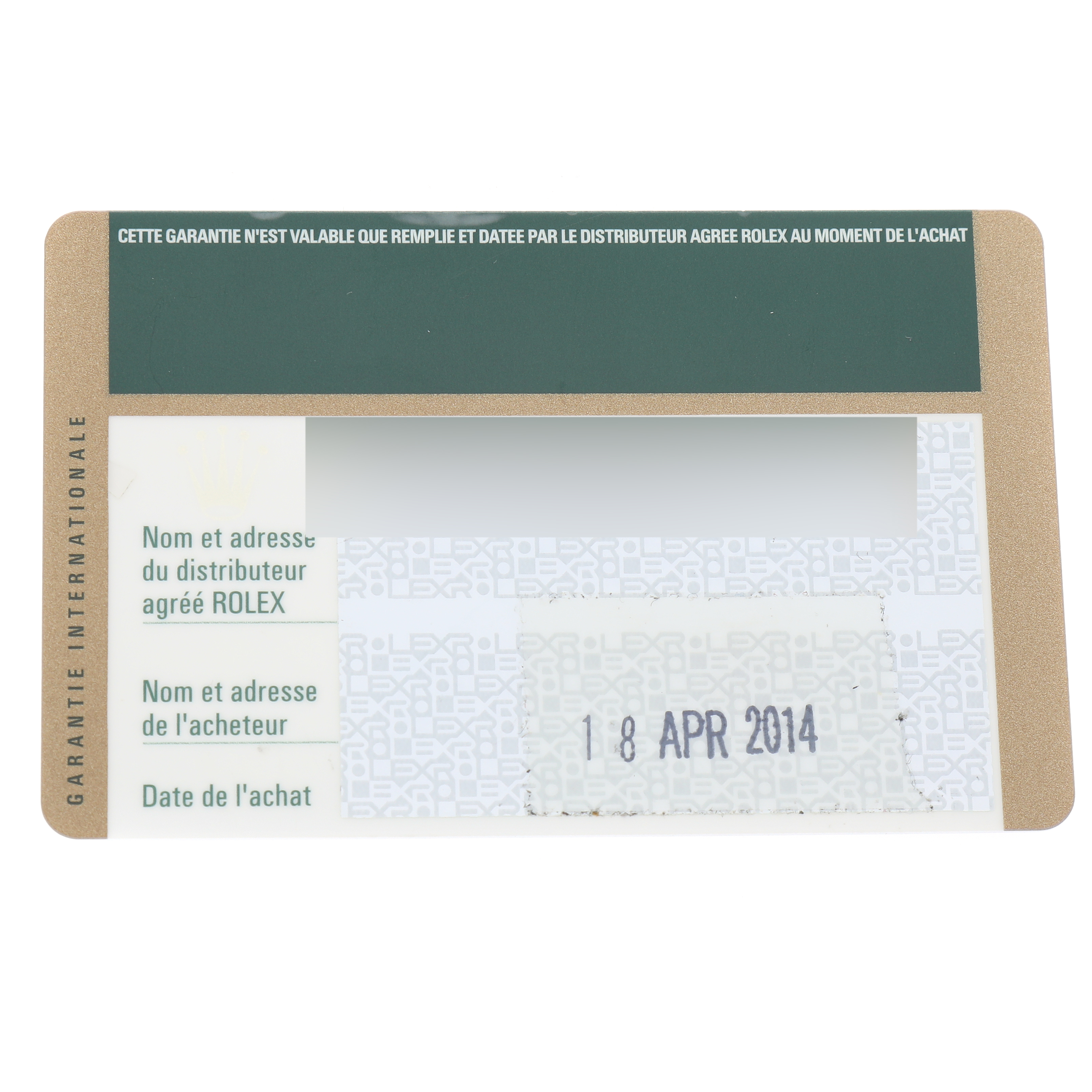 This image displays a warranty card for a Rolex Cellini 5115/8 Men's Yellow Gold Silver Dial 5115/8 Men's Yellow Gold Silver Dial watch, dated 18 April 2014.
