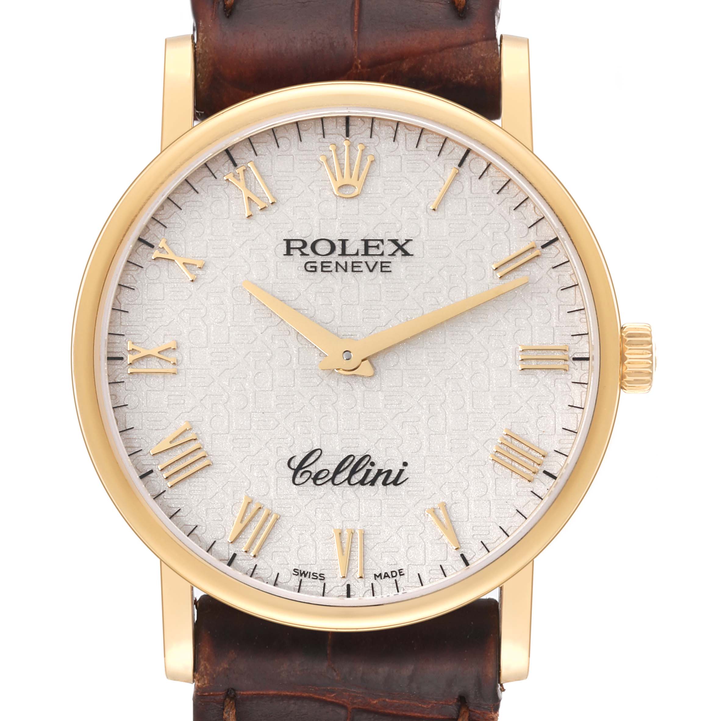 The image shows a direct front view of the Rolex Cellini 5115/8 Men's Yellow Gold Silver Dial 5115/8 Men's Yellow Gold Silver Dial watch, highlighting its dial, hands, crown, and a portion of its strap.