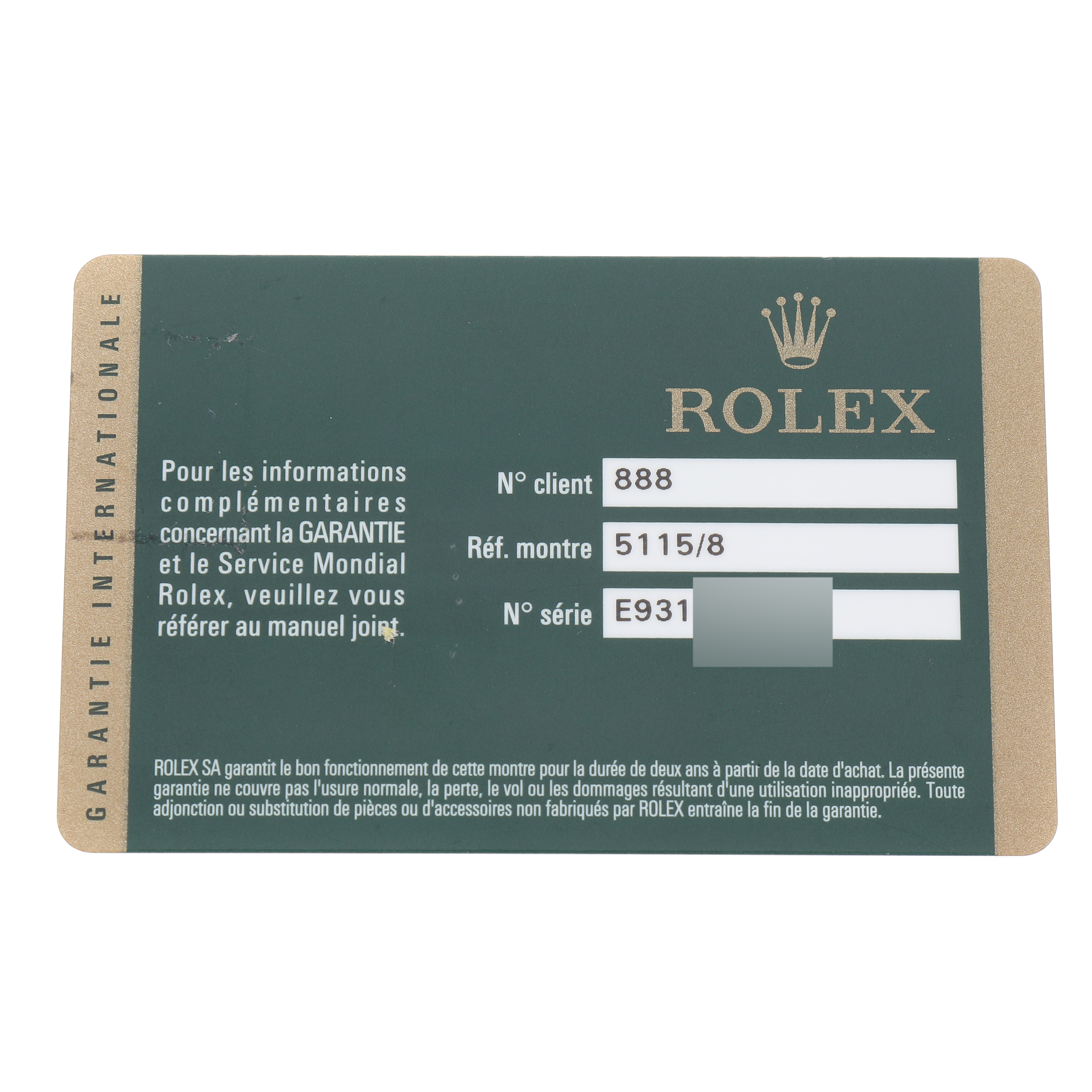 The image shows a warranty card for the Rolex Cellini 5115/8 Men's Yellow Gold Silver Dial 5115/8 Men's Yellow Gold Silver Dial model watch, displaying customer number, reference number, and serial number.