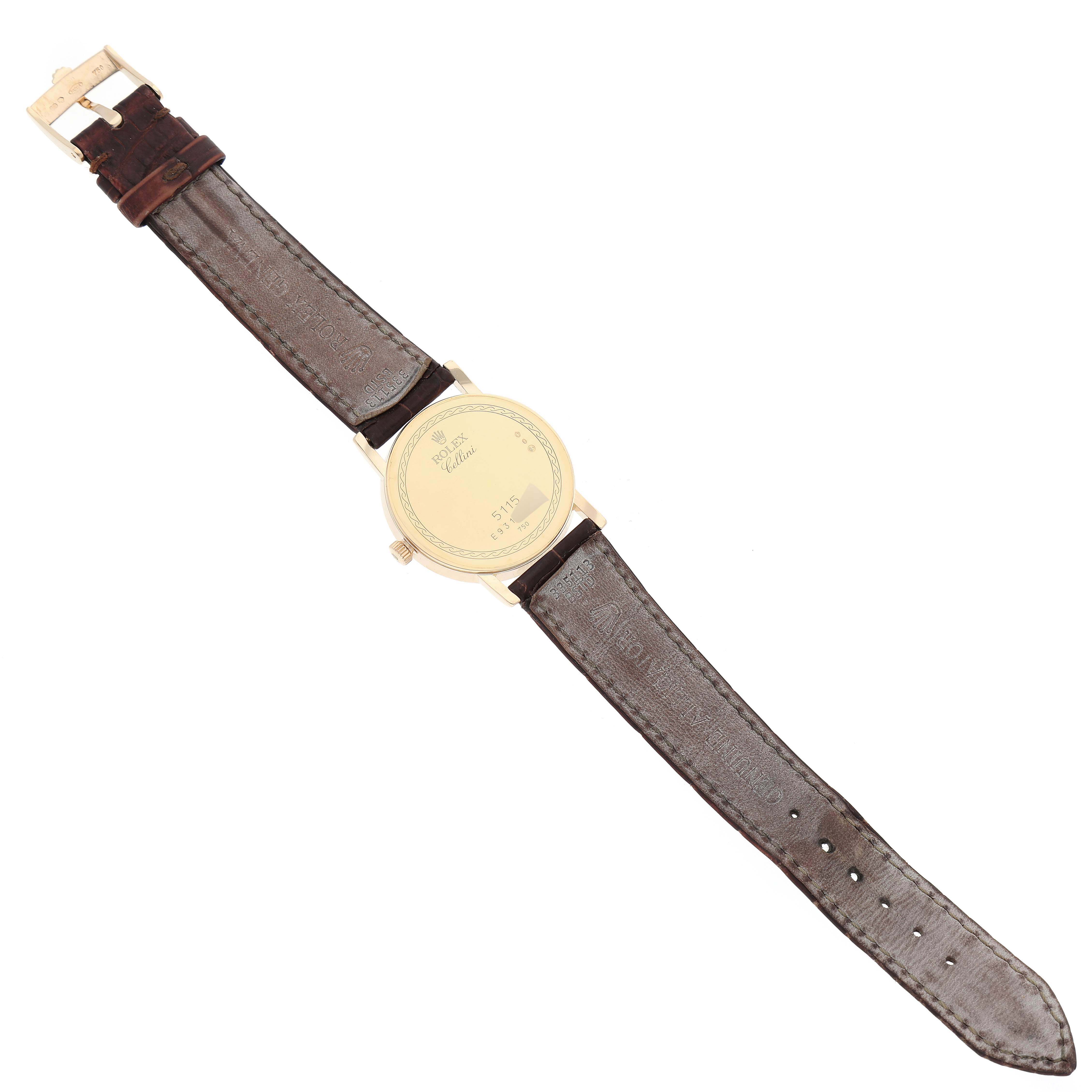 The image shows the backside and the full leather strap of a Rolex Cellini 5115/8 Men's Yellow Gold Silver Dial 5115/8 Men's Yellow Gold Silver Dial watch.