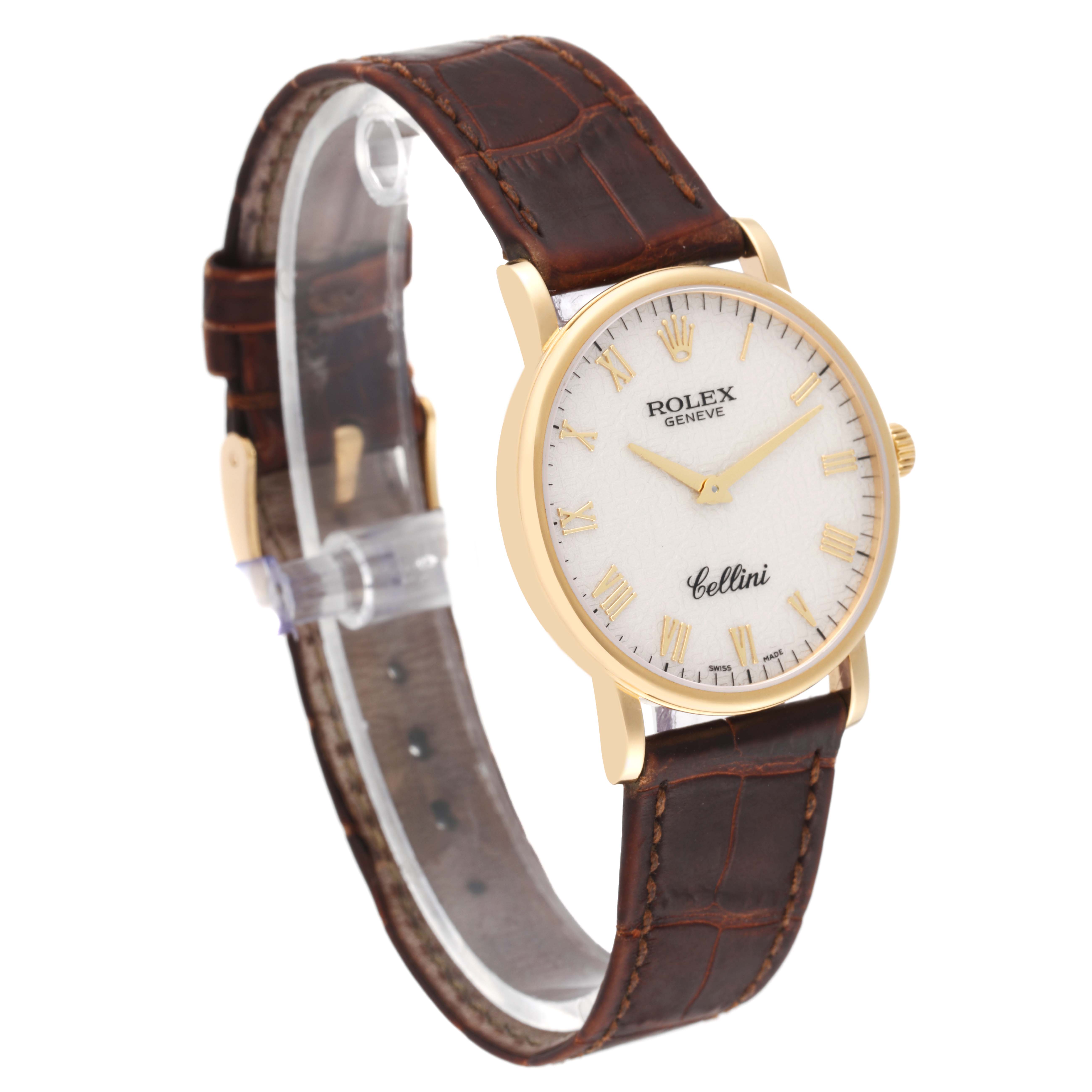 The image shows a side angle of a Rolex Cellini 5115/8 Men's Yellow Gold Silver Dial 5115/8 Men's Yellow Gold Silver Dial watch, displaying its face, leather strap, and gold casing.