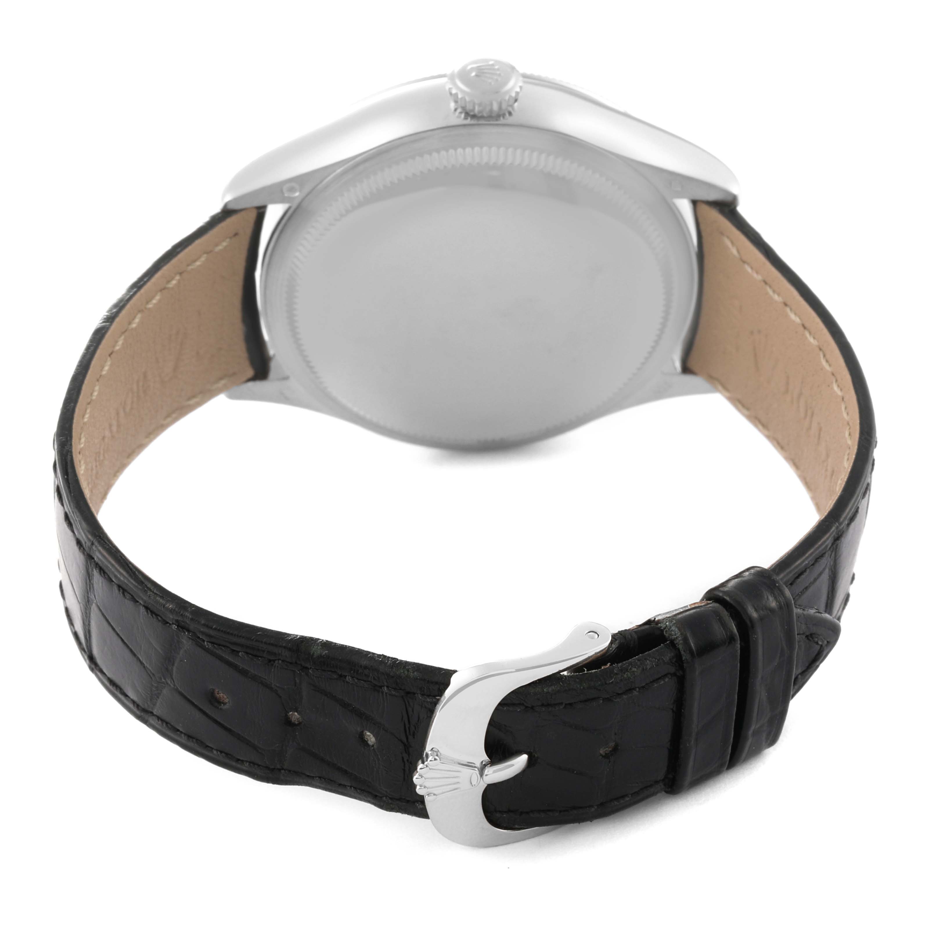 The image shows the back of a Rolex Cellini 50529 Men's White Gold Silver Dial 50529 Men's White Gold Silver Dial watch with a visible black leather strap and buckle.