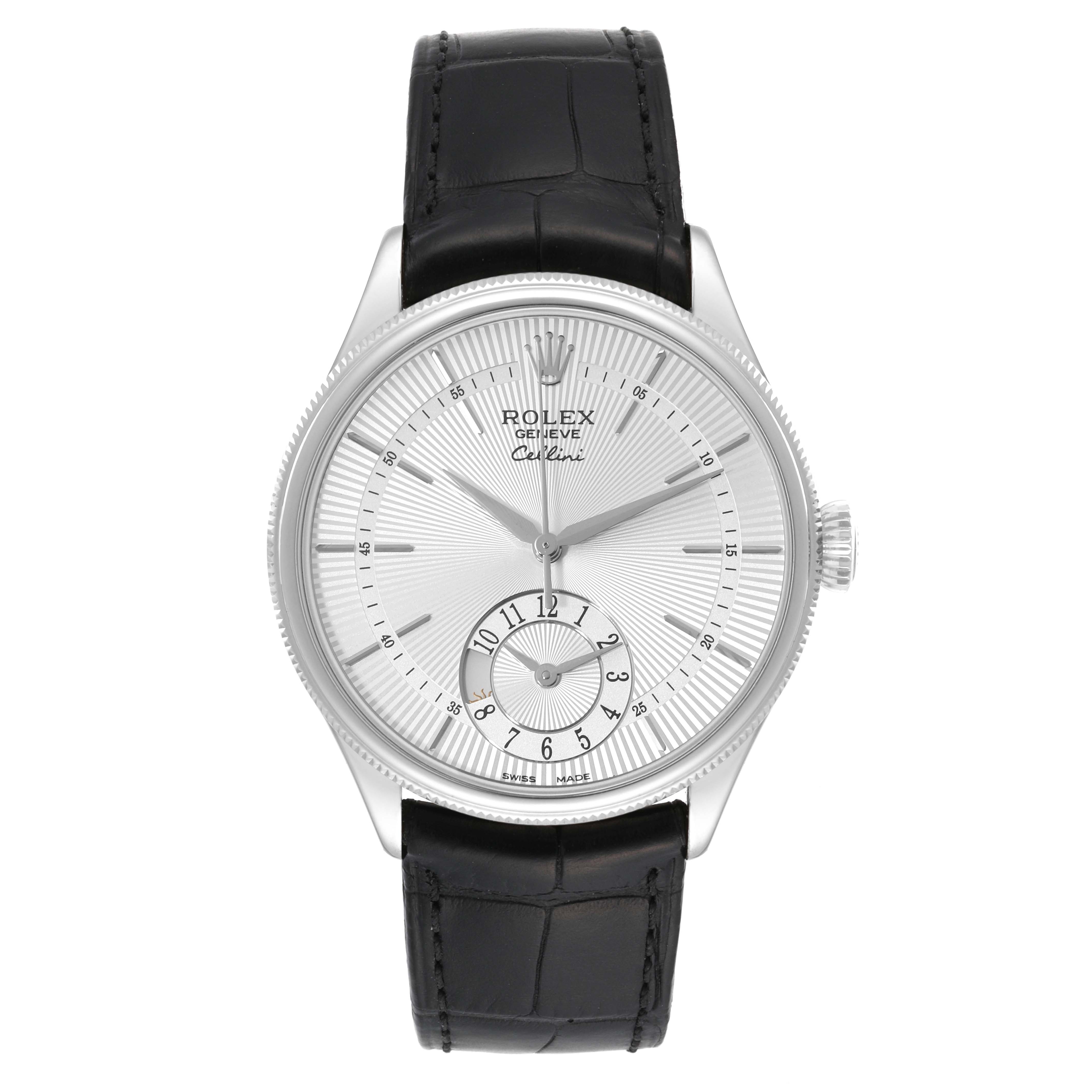 This image shows a front view of a Rolex Cellini 50529 Men's White Gold Silver Dial 50529 Men's White Gold Silver Dial watch, highlighting its dial, case, and leather strap.