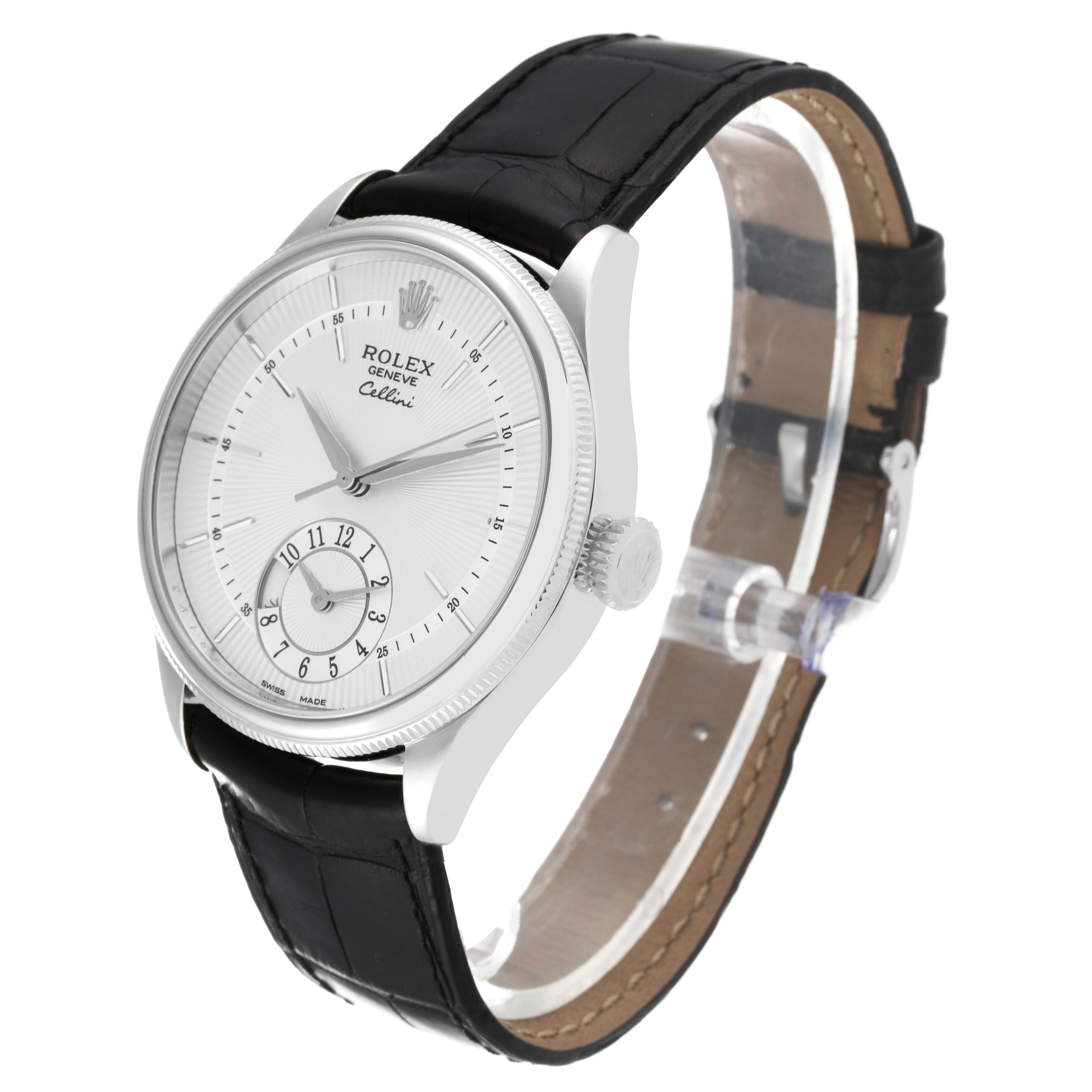 The Rolex Cellini 50529 Men's White Gold Silver Dial 50529 Men's White Gold Silver Dial watch is shown at a three-quarter angle, featuring the dial, crown, and black leather strap.