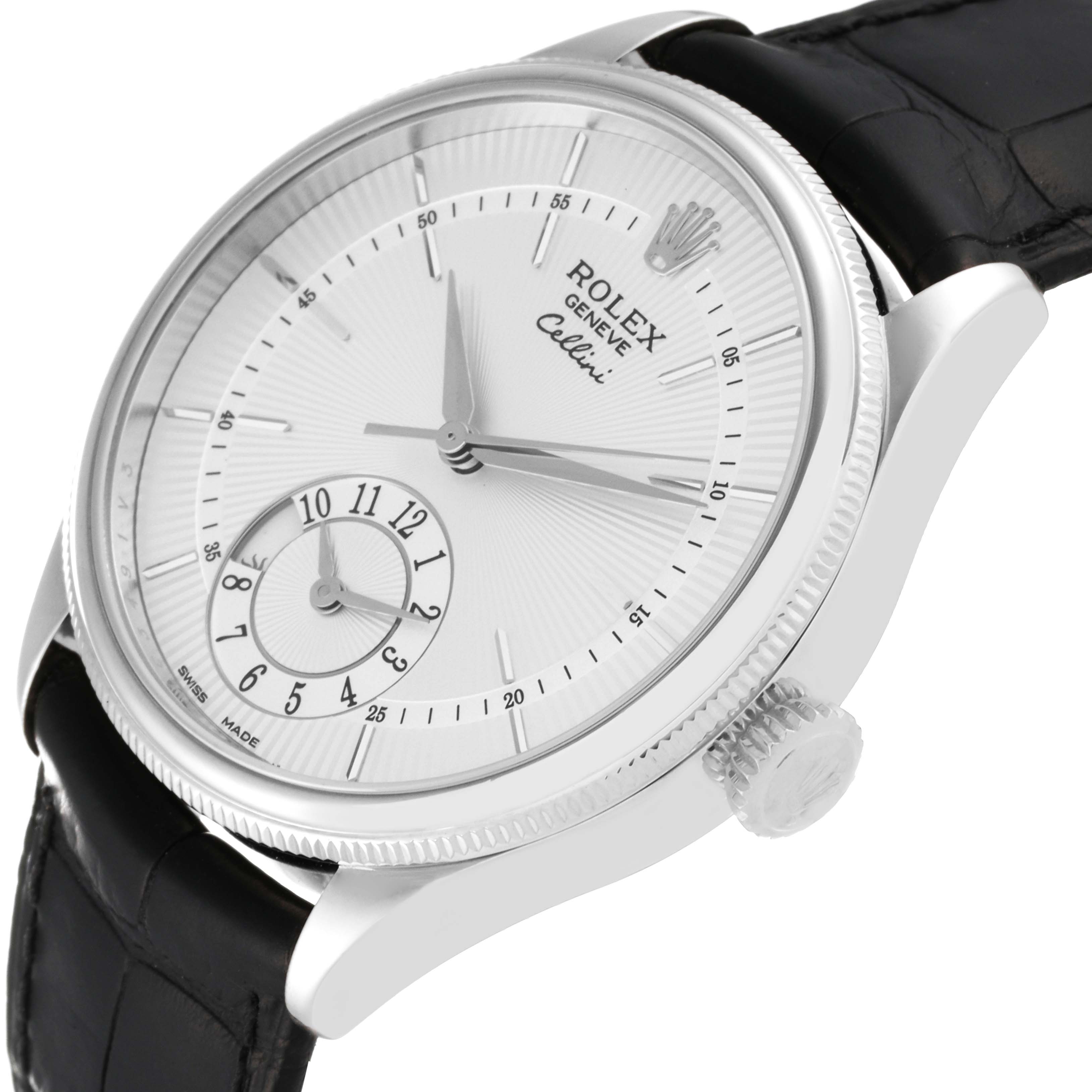 The Rolex Cellini 50529 Men's White Gold Silver Dial 50529 Men's White Gold Silver Dial watch is shown at an angle highlighting the dial, crown, and leather strap.