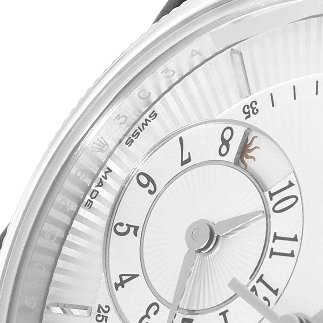 This image shows a close-up of the dial and hour markers of a Rolex Cellini 50529 Men's White Gold Silver Dial 50529 Men's White Gold Silver Dial watch.