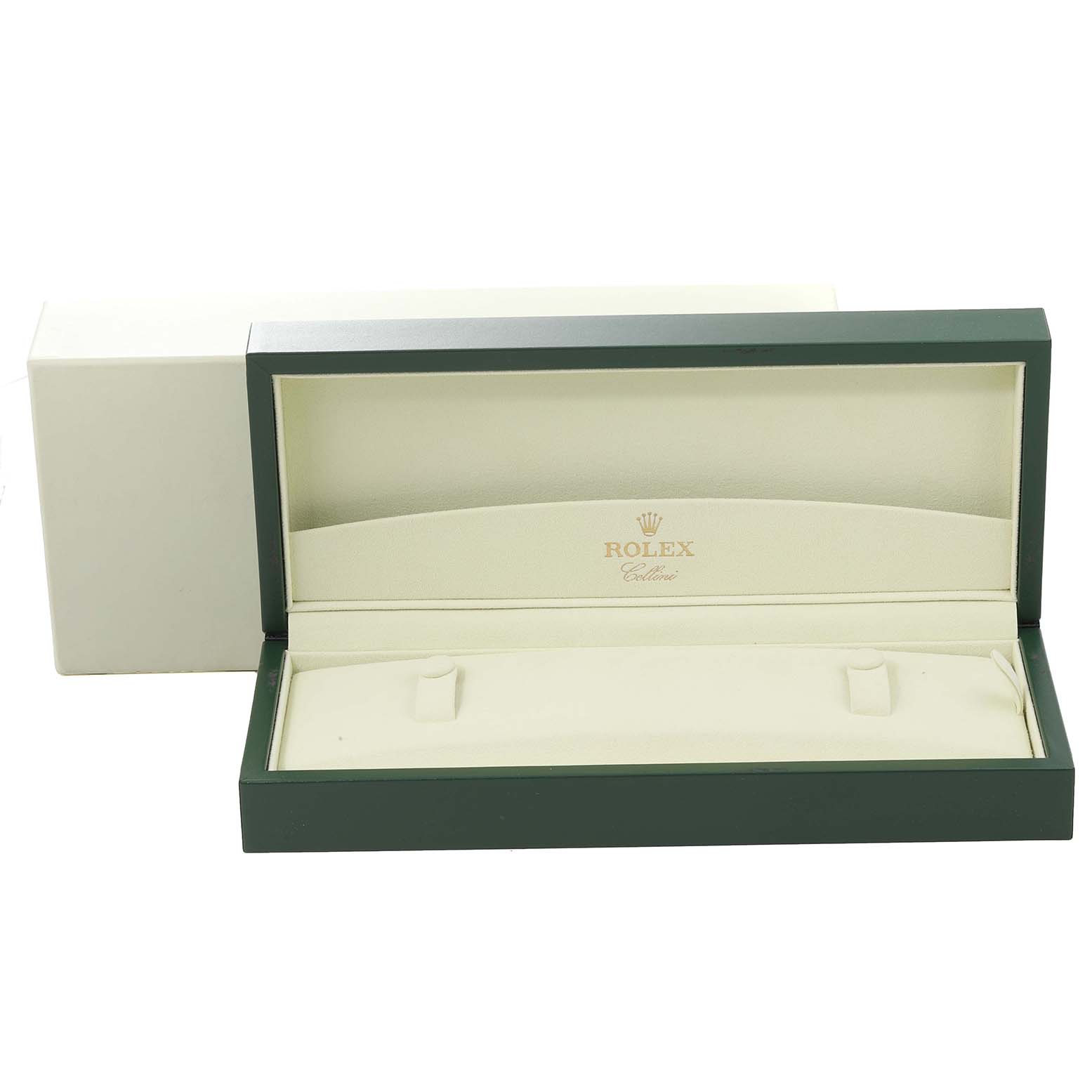 The image shows an open green Rolex Cellini 50529 Men's White Gold Silver Dial 50529 Men's White Gold Silver Dial watch box from a front angle, displaying the interior.