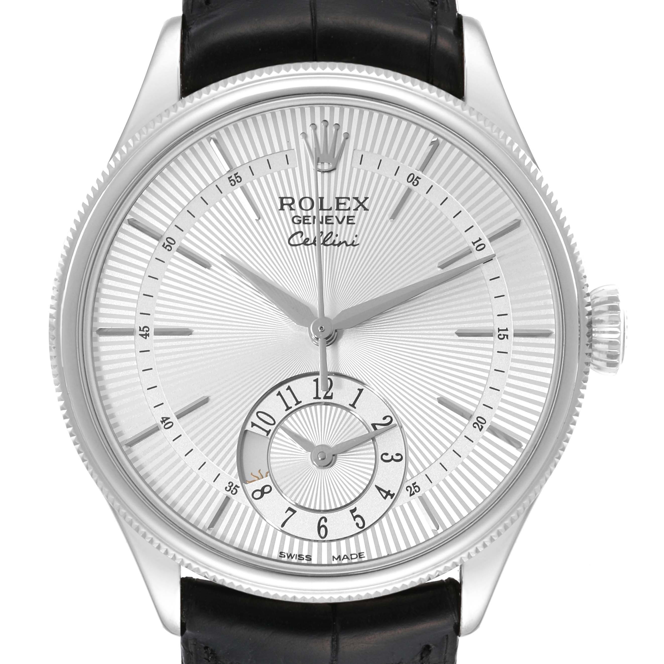 The image shows a frontal view of a Rolex Cellini 50529 Men's White Gold Silver Dial 50529 Men's White Gold Silver Dial watch with its dial, crown, and strap.