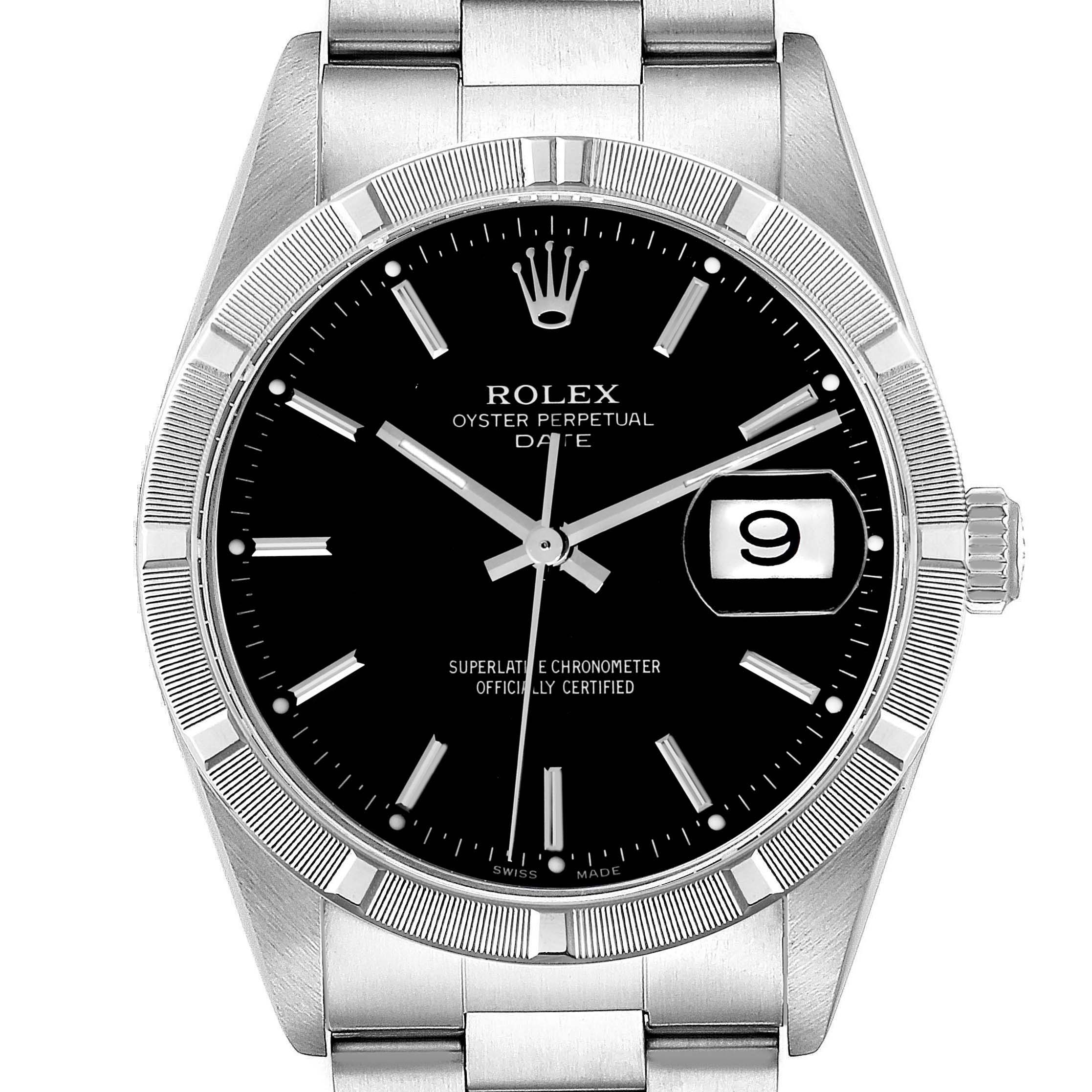 The image shows a front view of a Rolex Date 15210 Men
s Stainless Steel Black Dial 15210 Men
s Stainless Steel Black Dial model watch, displaying the dial, bezel, crown, and bracelet.