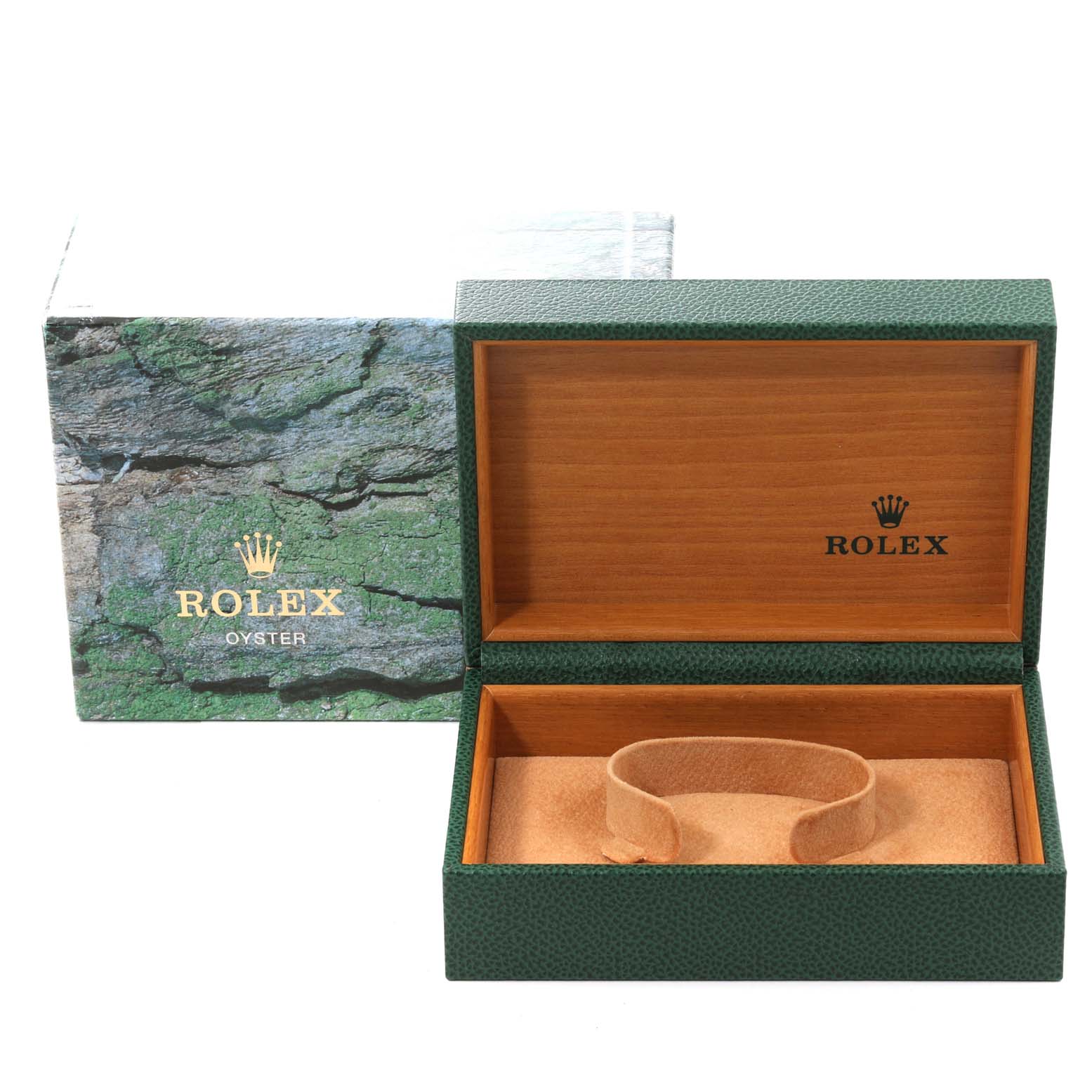 The image shows the open packaging box for a Rolex Date 15210 Men
s Stainless Steel Black Dial 15210 Men
s Stainless Steel Black Dial model watch, with the outer box and inner wooden case visible.