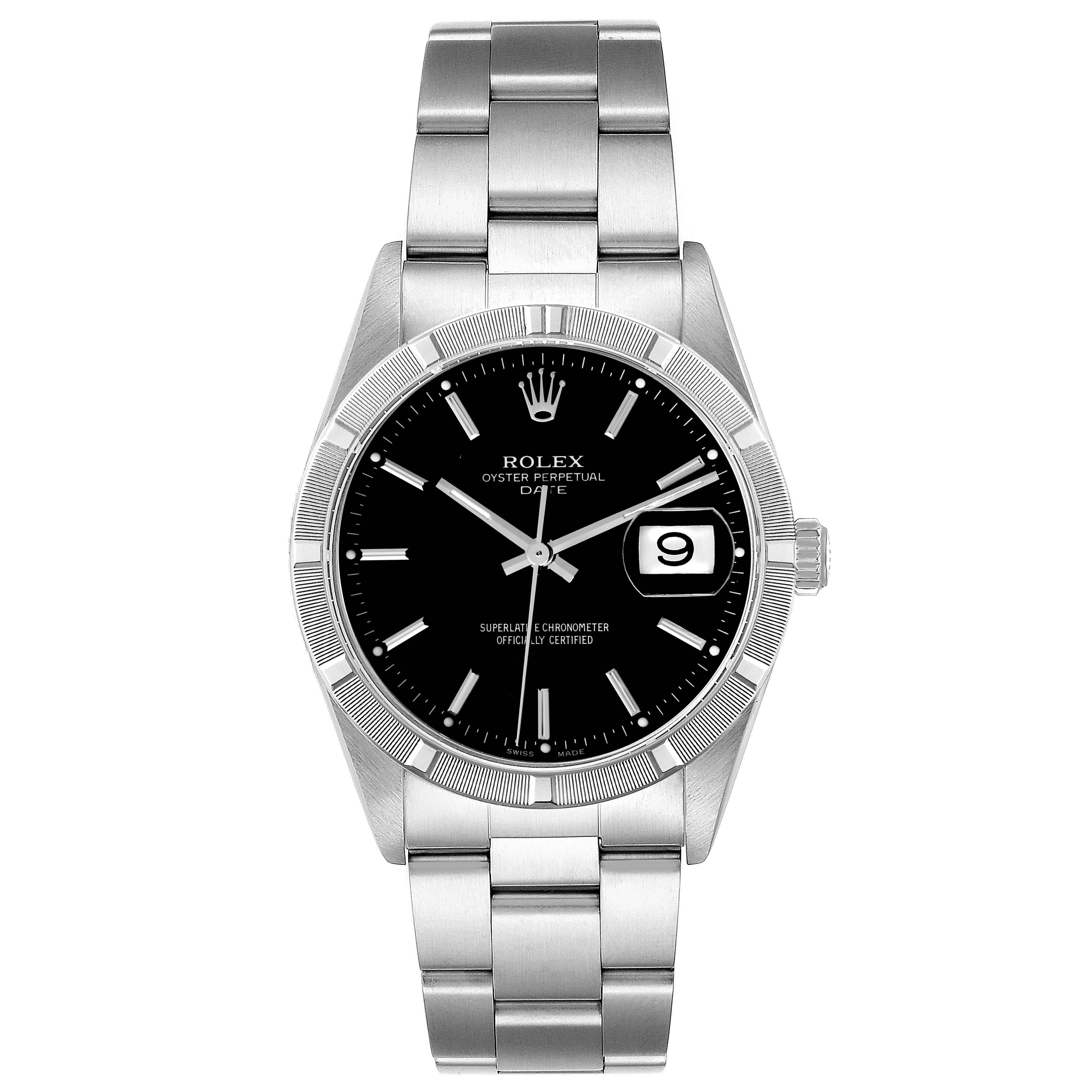 This image shows a front view of the Rolex Date 15210 Men
s Stainless Steel Black Dial 15210 Men
s Stainless Steel Black Dial model watch, featuring its black dial, date window, and stainless steel bracelet.