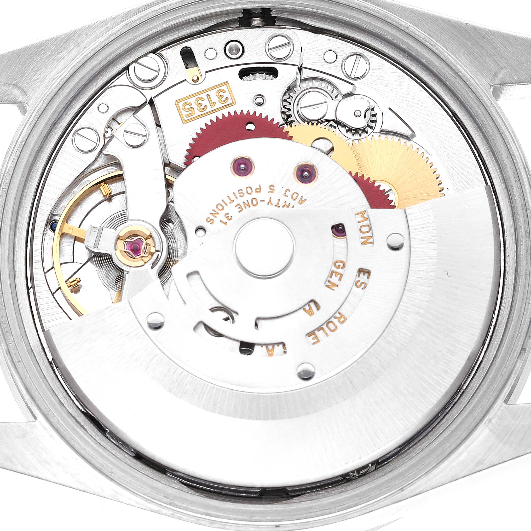 The image shows the movement mechanism from the backside of a Rolex Date 15210 Men
s Stainless Steel Black Dial 15210 Men
s Stainless Steel Black Dial model watch.