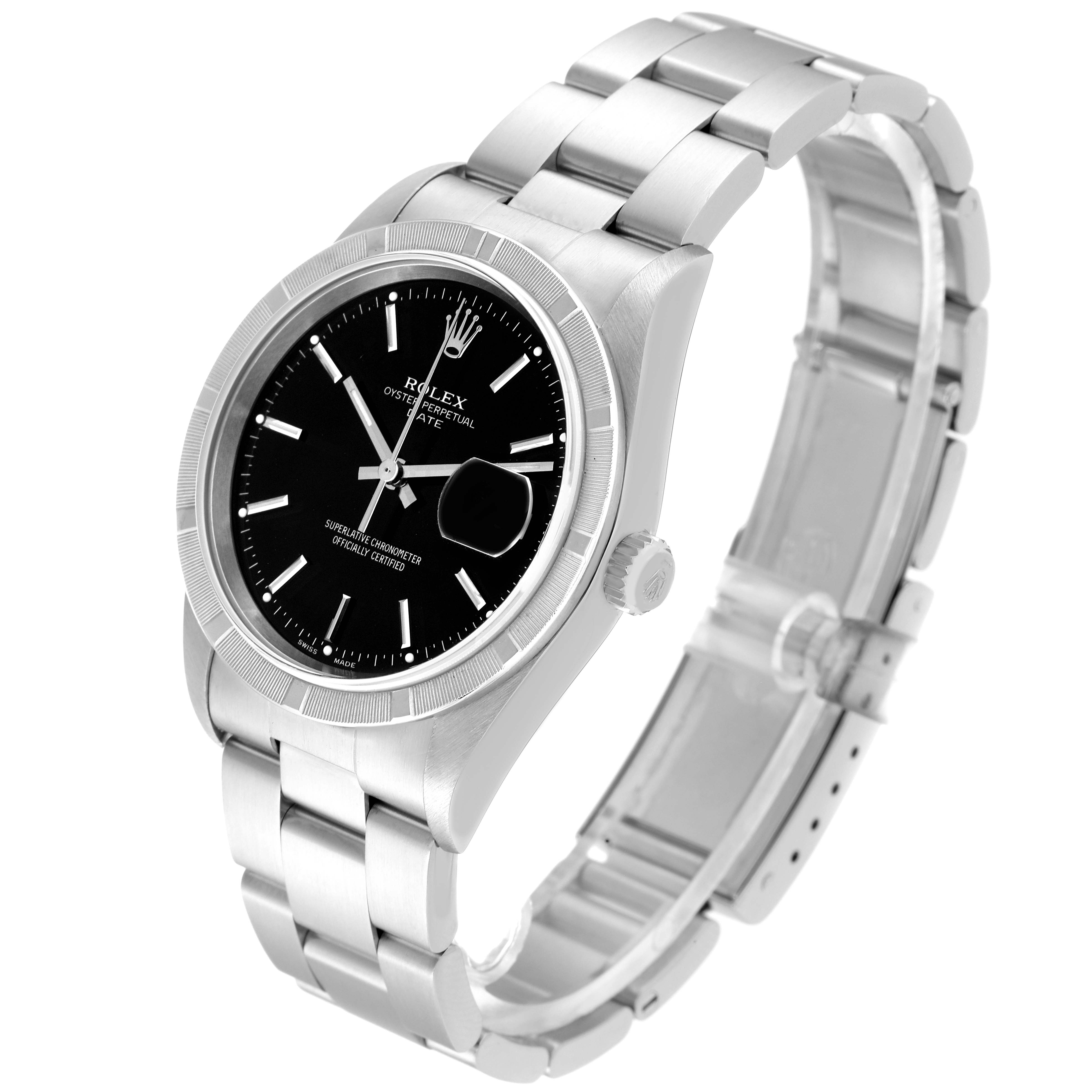 This image shows a Rolex Date 15210 Men
s Stainless Steel Black Dial 15210 Men
s Stainless Steel Black Dial model watch at a 45-degree angle, displaying the face, bezel, bracelet, and crown.