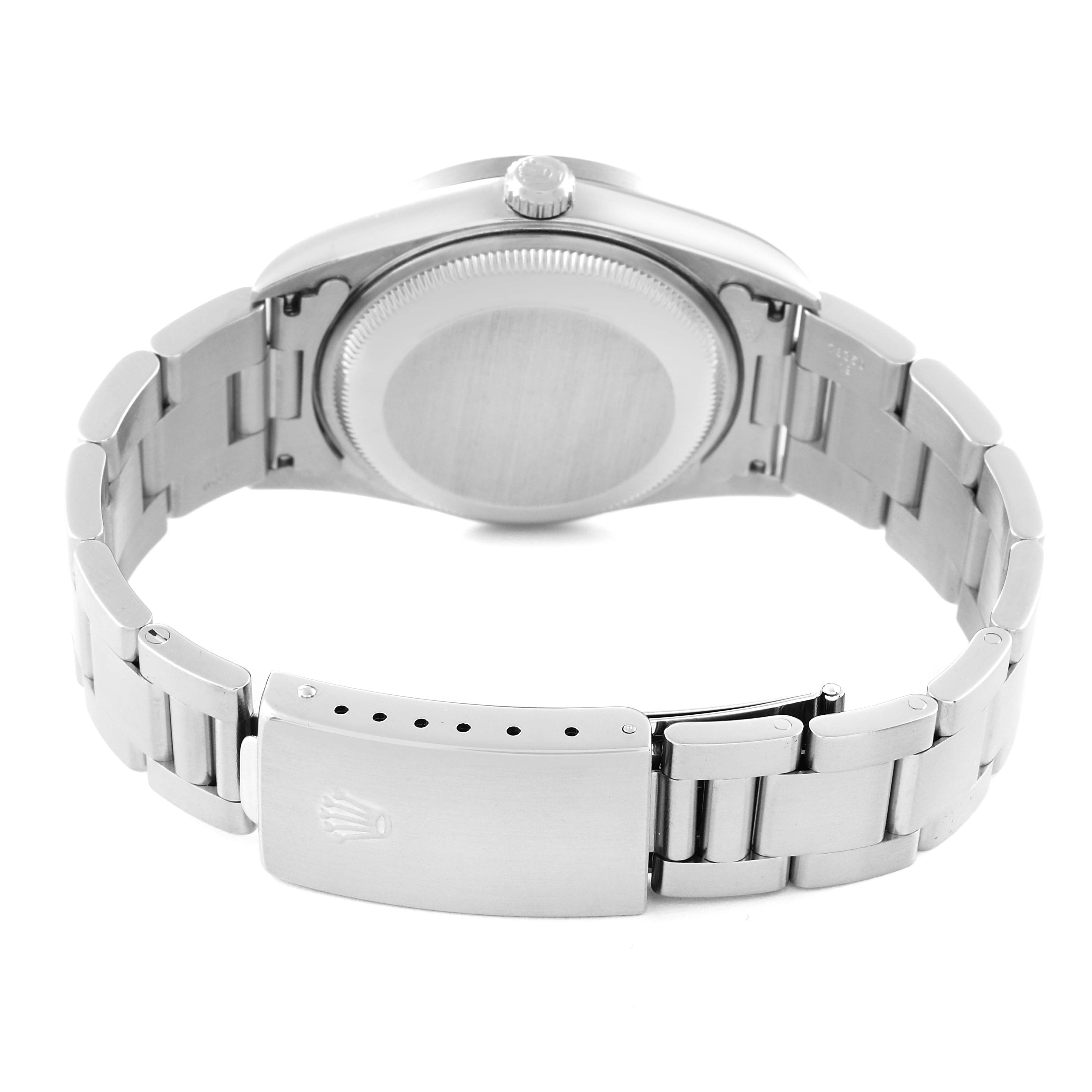 The image shows the back case and clasp of a Rolex Date 15210 Men
s Stainless Steel Black Dial 15210 Men
s Stainless Steel Black Dial model watch, viewed from the rear.