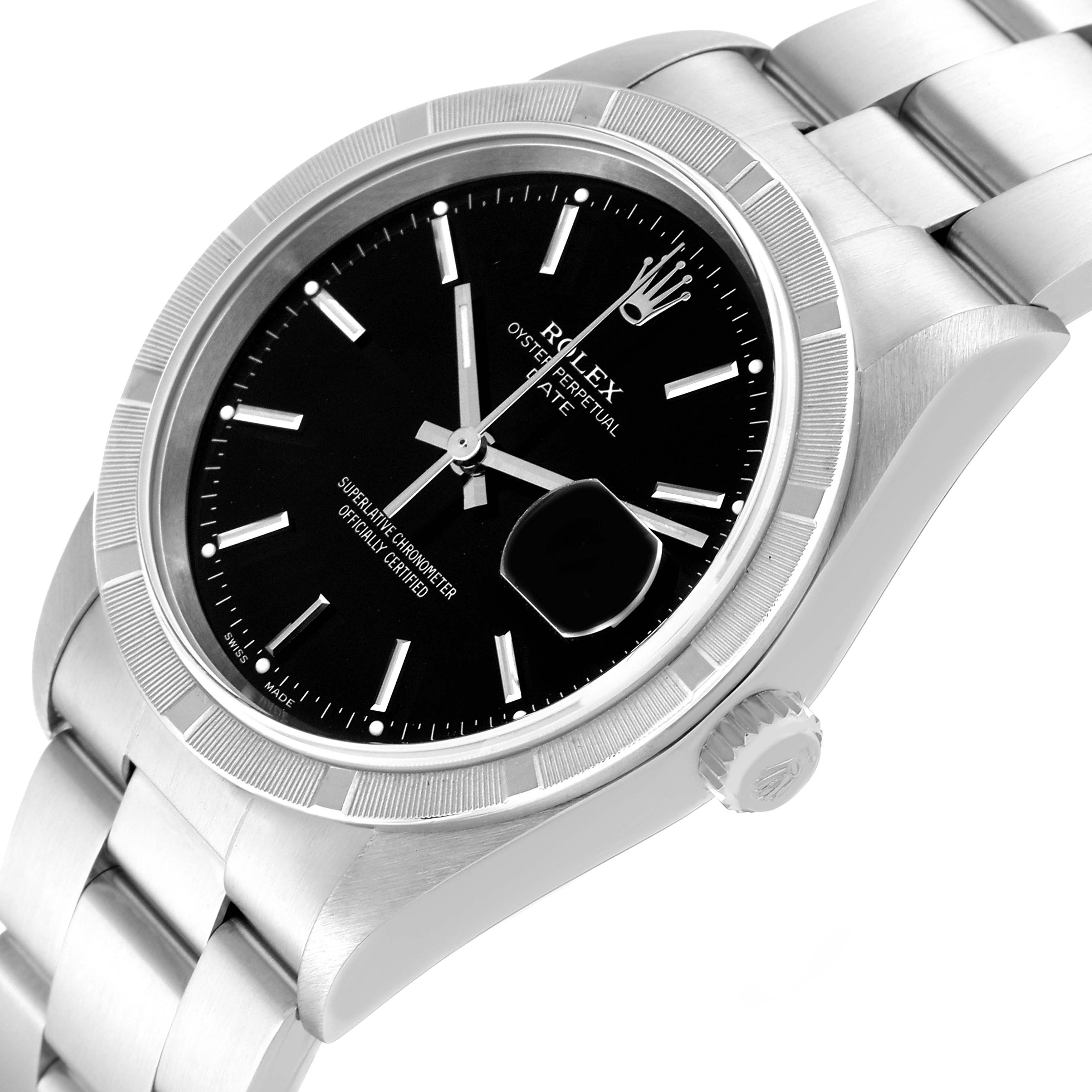 The Rolex Date 15210 Men
s Stainless Steel Black Dial 15210 Men
s Stainless Steel Black Dial model watch is shown from an angled perspective, highlighting the face, bezel, and part of the bracelet.
