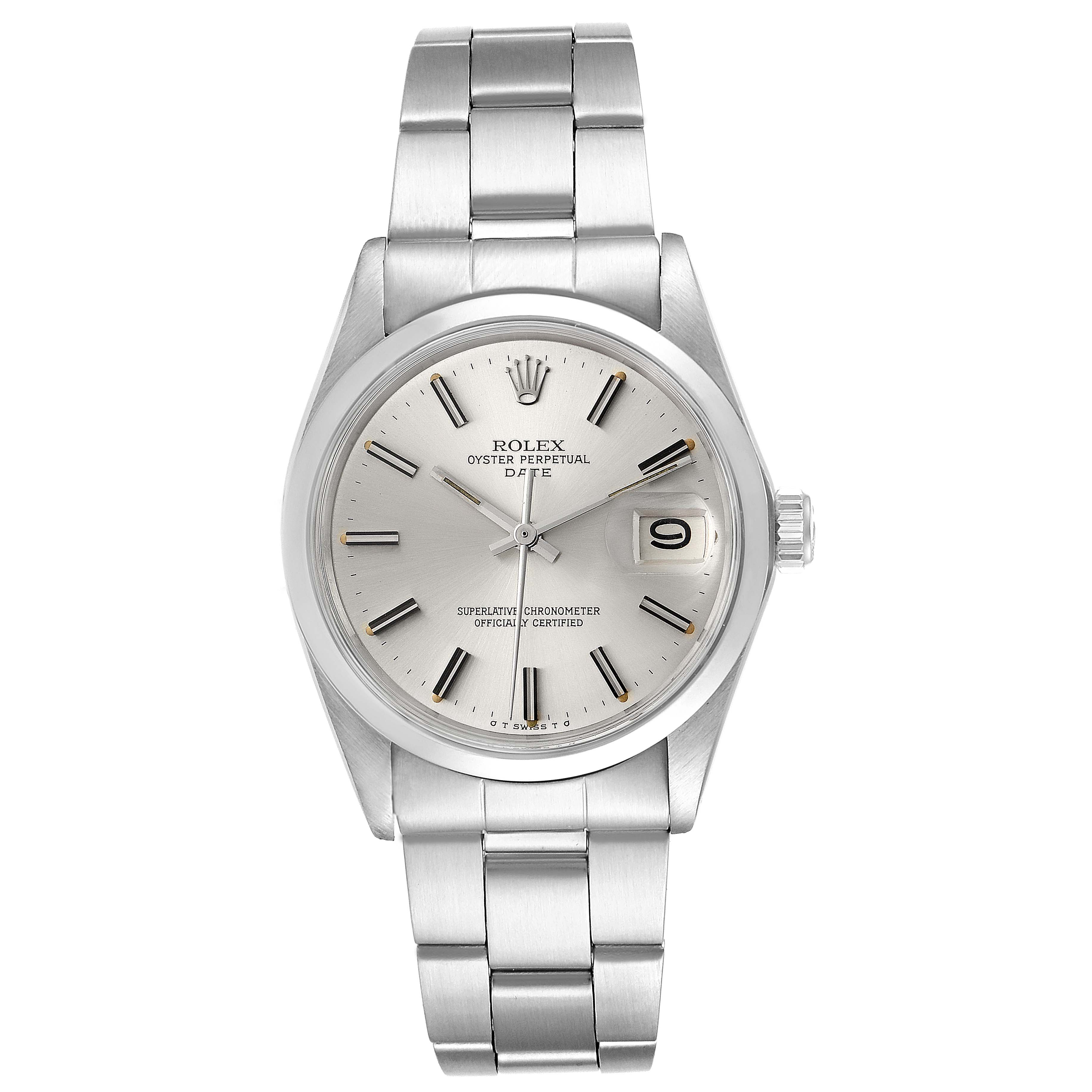 The image shows a frontal view of a Rolex Vintage Collection 1500 Men
s Stainless Steel Silver Dial 1500 Men
s Stainless Steel Silver Dial model, displaying the dial, bracelet, and crown.