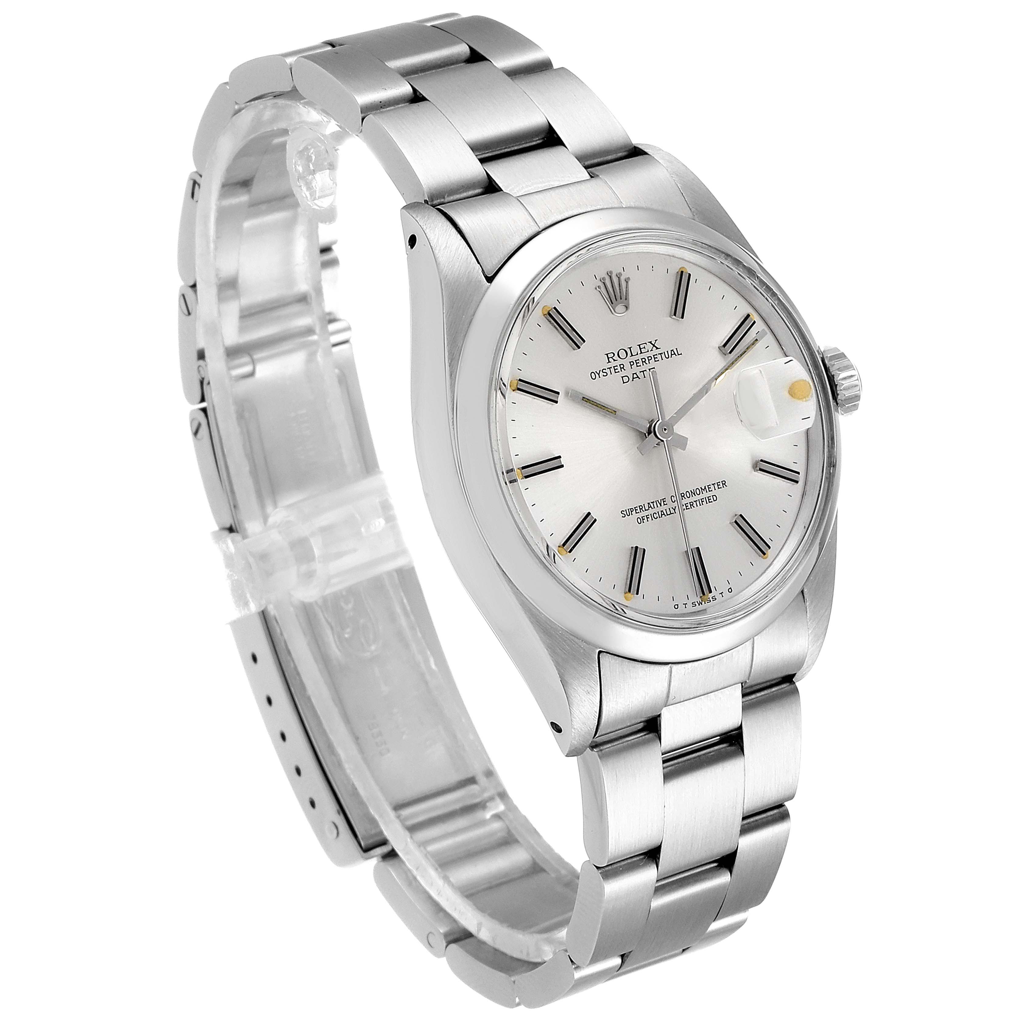 The image shows a side angle of a Rolex Vintage Collection 1500 Men
s Stainless Steel Silver Dial 1500 Men
s Stainless Steel Silver Dial watch, detailing its dial, case, and metal bracelet.
