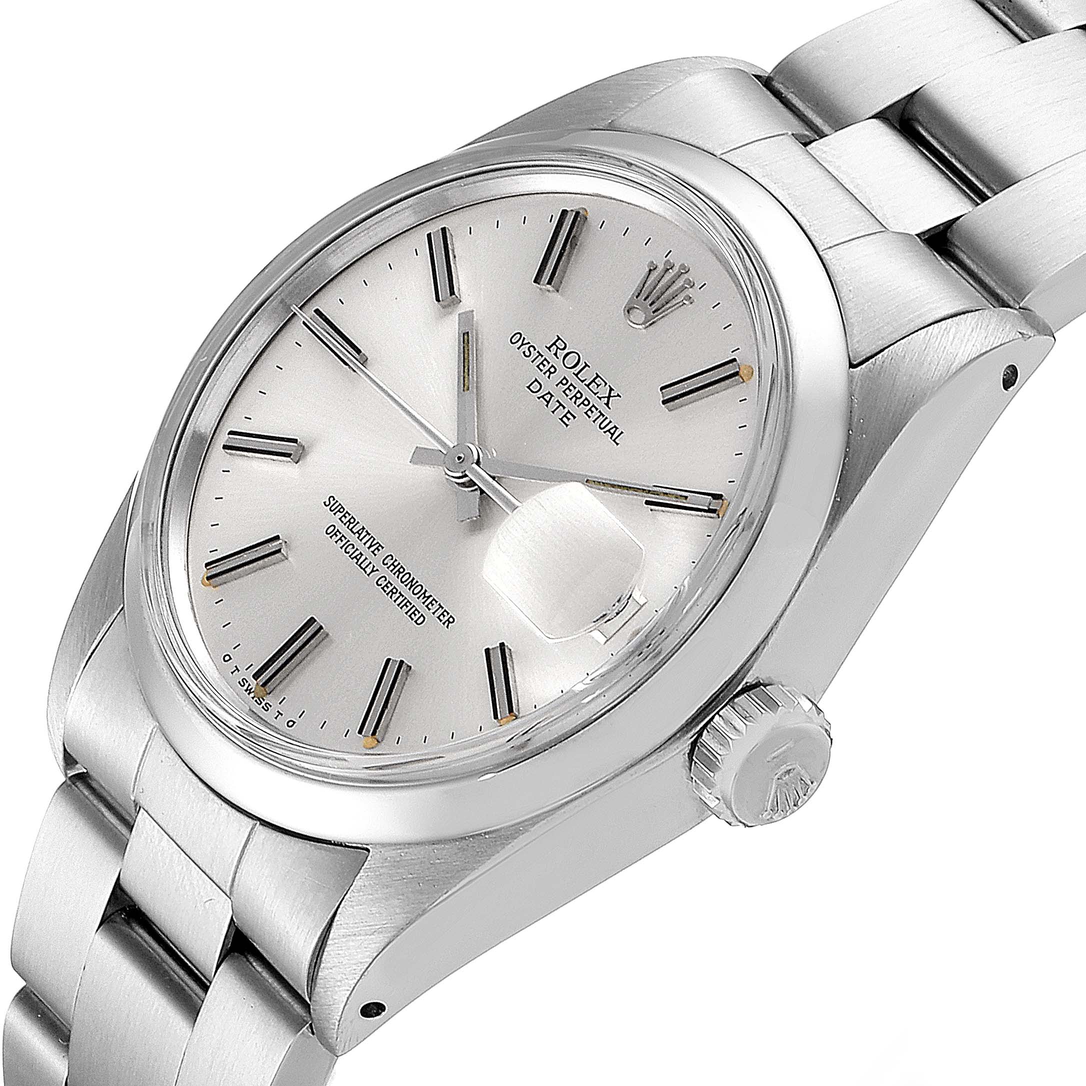 This image shows a side angle of the Rolex Vintage Collection 1500 Men
s Stainless Steel Silver Dial 1500 Men
s Stainless Steel Silver Dial watch, displaying its face, crown, and part of the bracelet.