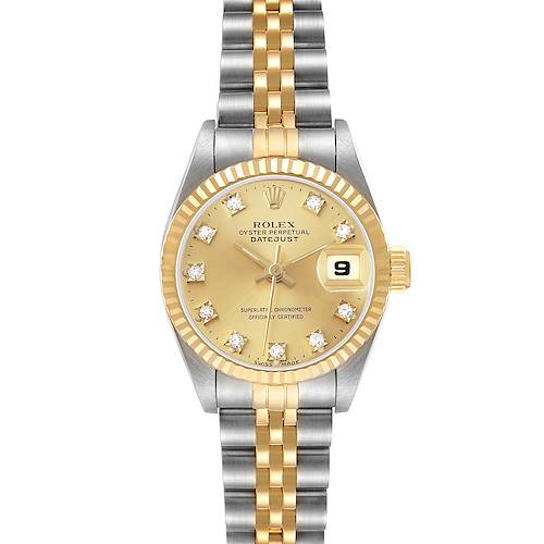 The Rolex Datejust 69173 Women's Steel and Gold (two tone) Champagne Dial watch is shown from a top-down angle, displaying the bezel, dial, crown, and bracelet.
