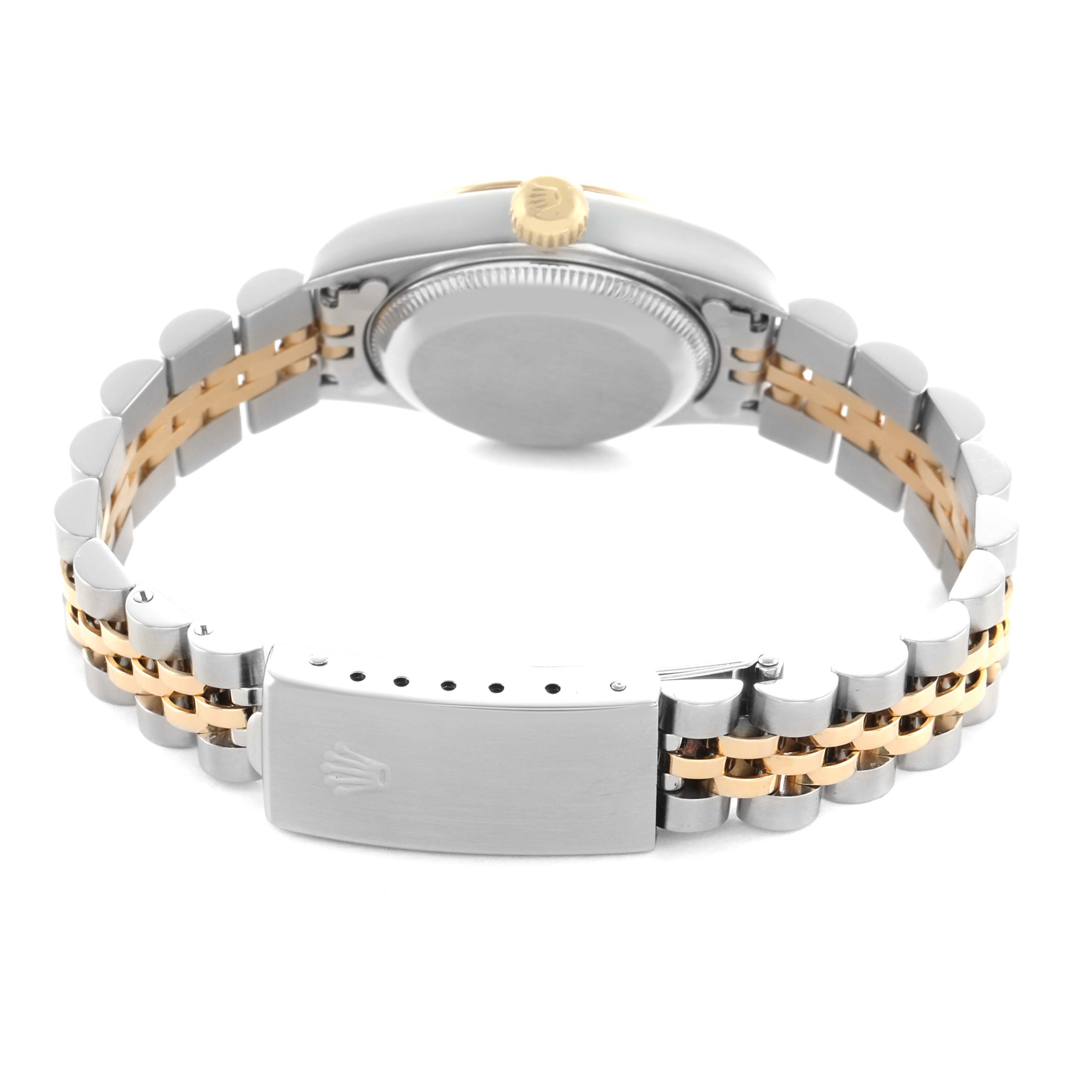 The image shows the back of a Rolex Datejust 69173 Women's Steel and Gold (two tone) Champagne Dial watch, highlighting its clasp, bracelet, and case back from a rear angle.