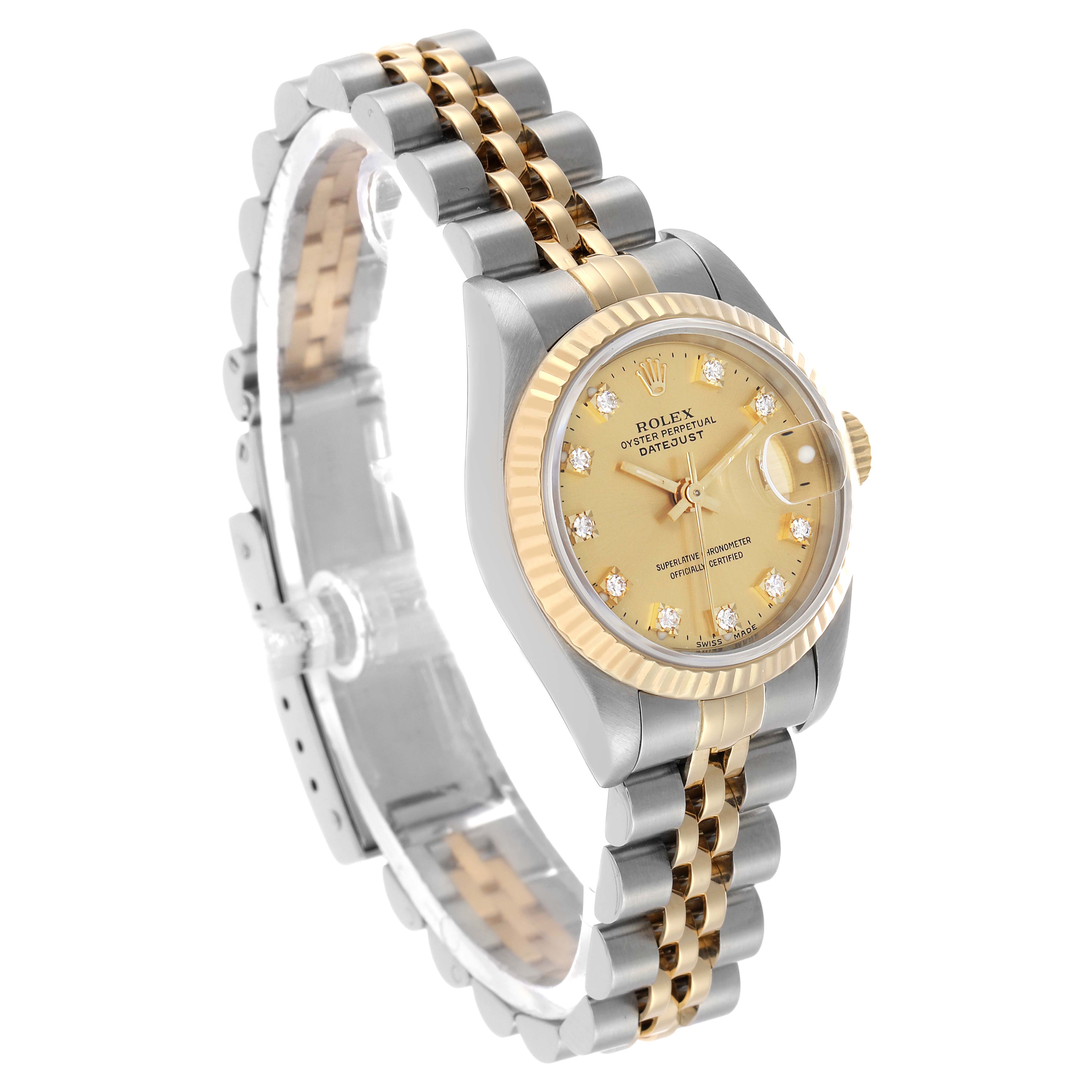 The Rolex Datejust 69173 Women's Steel and Gold (two tone) Champagne Dial watch is shown at a front angled view, highlighting its gold bezel, dial, and two-tone bracelet.