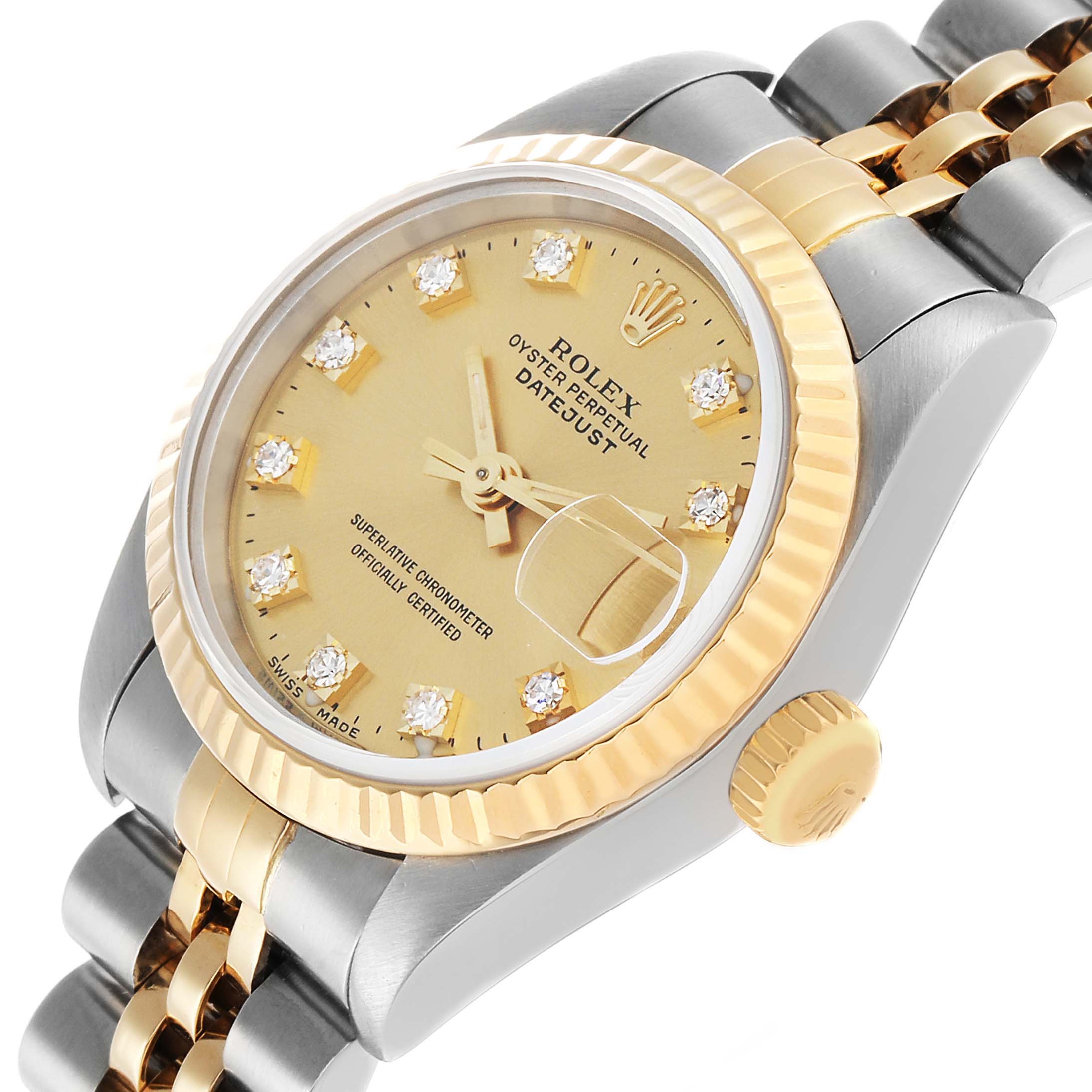 The Rolex Datejust 69173 Women's Steel and Gold (two tone) Champagne Dial watch is shown from a three-quarter angle, highlighting the dial, bezel, crown, and bracelet.