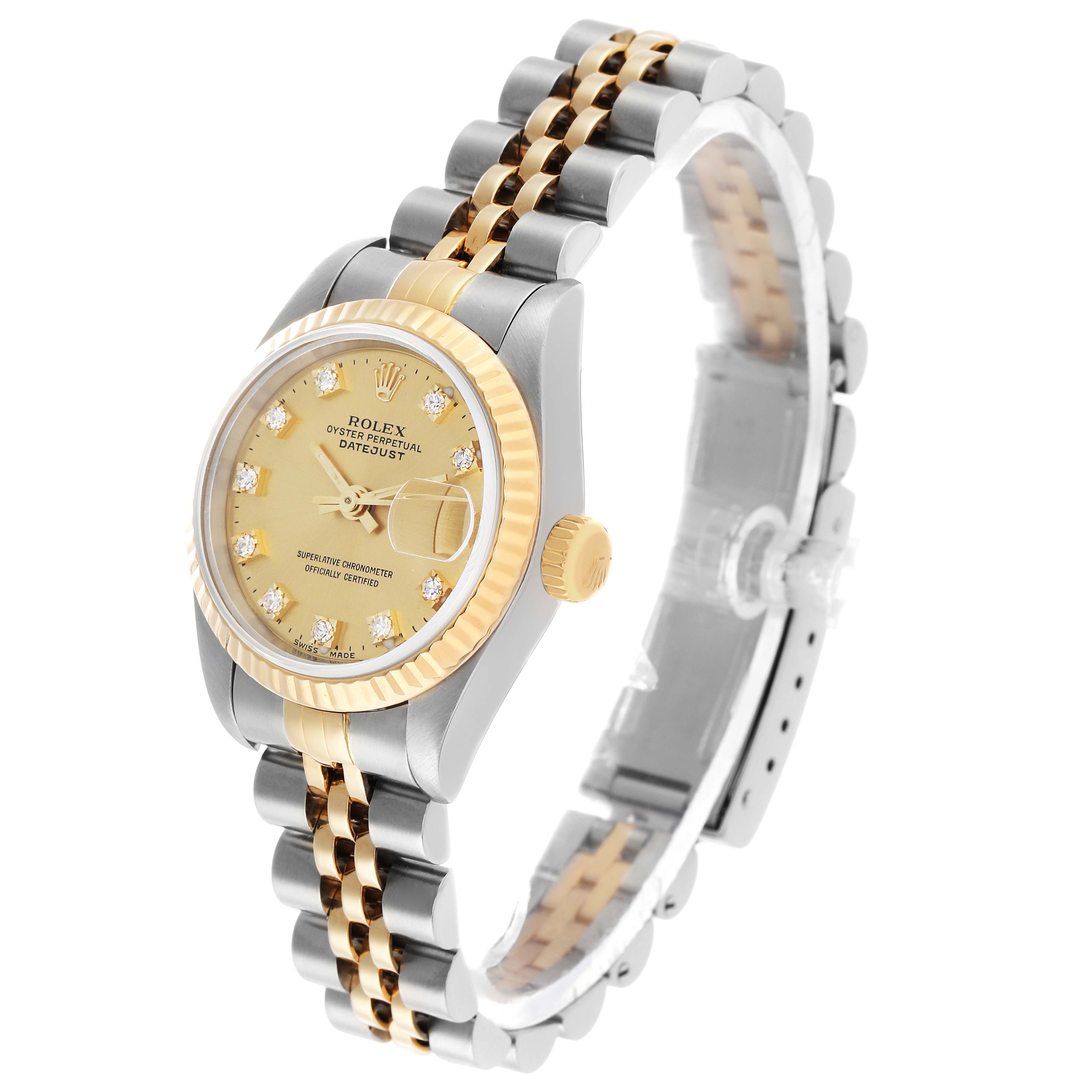 The Rolex Datejust 69173 Women's Steel and Gold (two tone) Champagne Dial watch is shown at a slight angle, highlighting its gold and silver bracelet, dial, and fluted bezel.