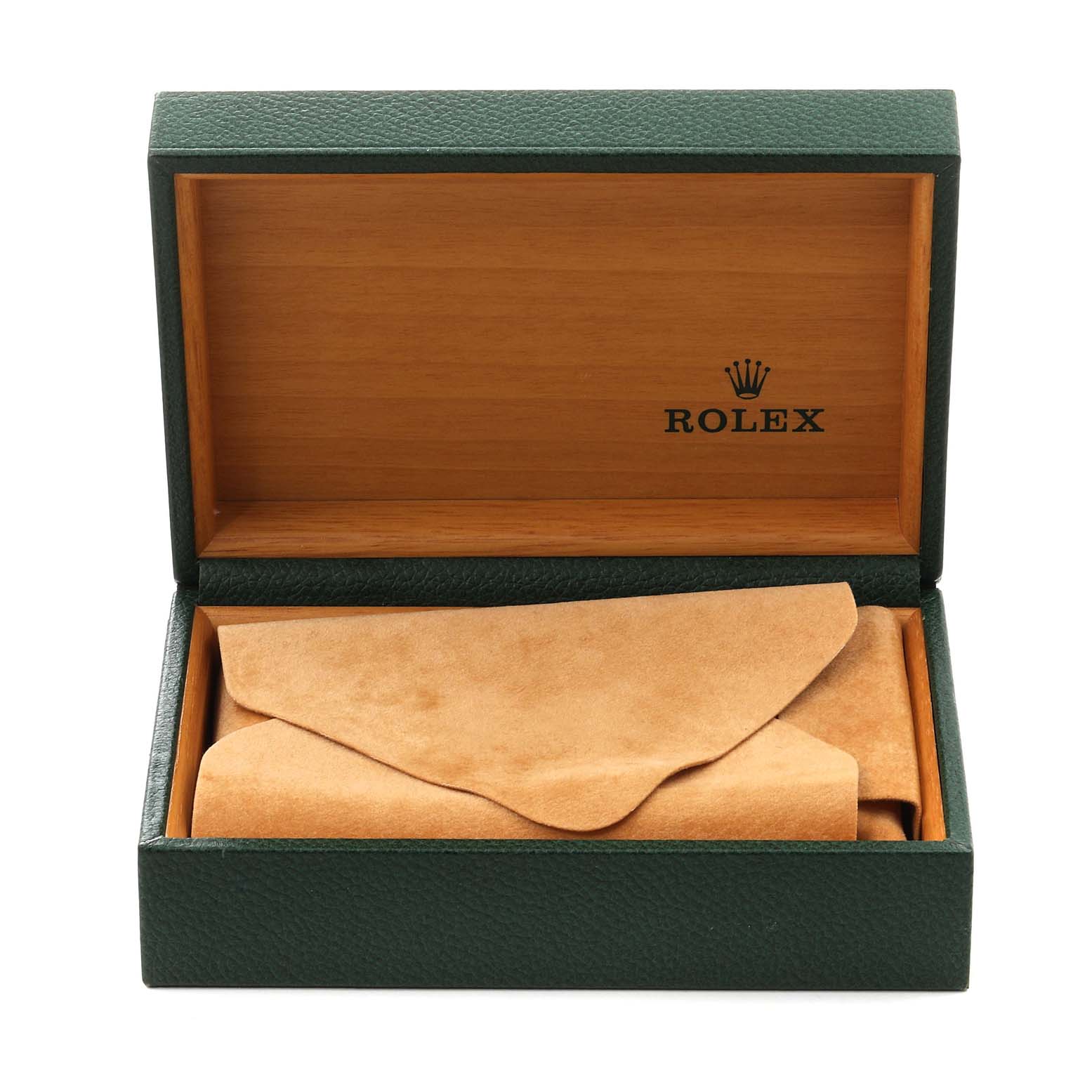 This is an open Rolex Datejust 16234 Men's Stainless Steel Blue Dial 16234 Men's Stainless Steel Blue Dial watch box, showing the interior with a suede-like watch pouch inside.