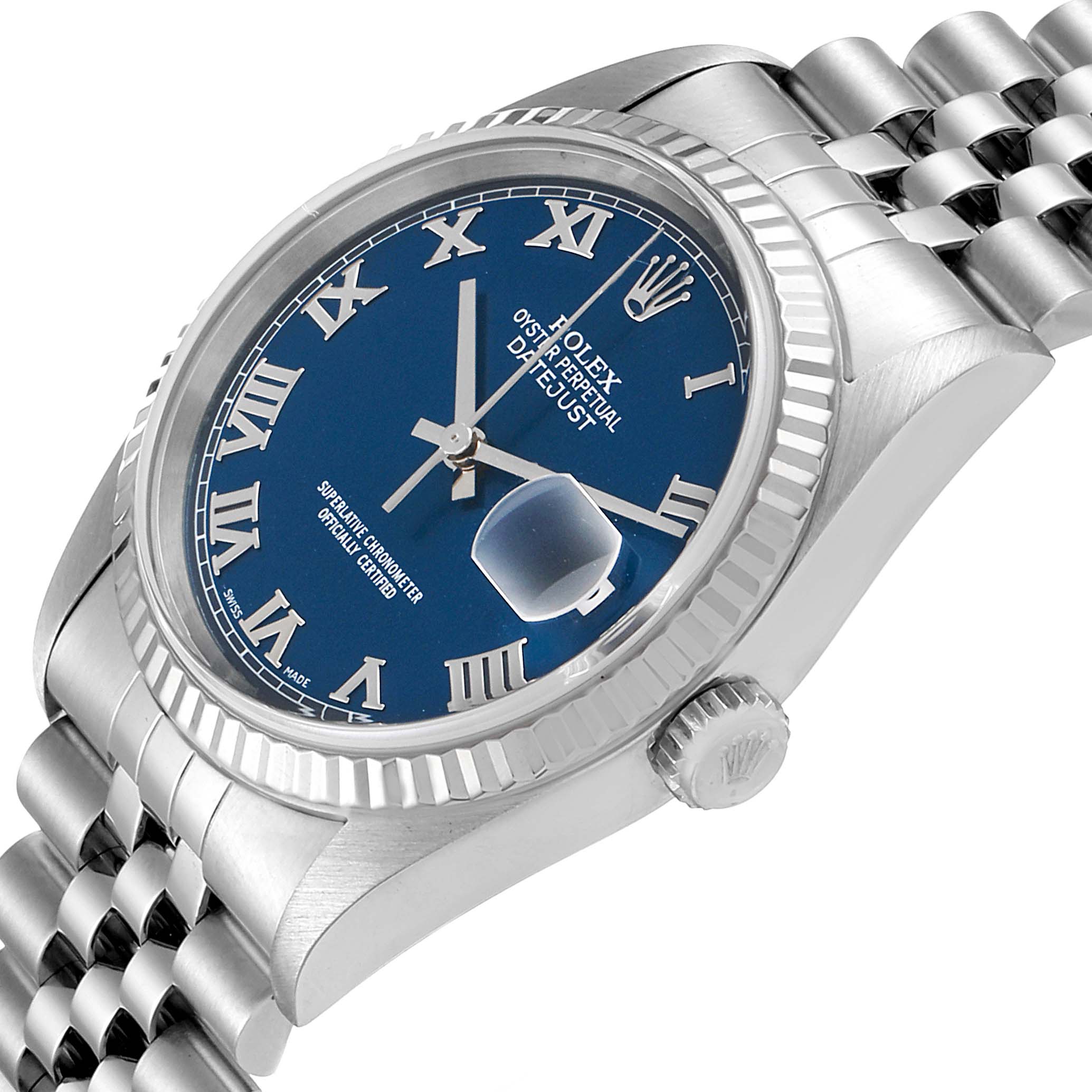 The image shows a close-up angled view of the Rolex Datejust 16234 Men's Stainless Steel Blue Dial 16234 Men's Stainless Steel Blue Dial watch, highlighting the blue dial, Roman numerals, and jubilee bracelet.