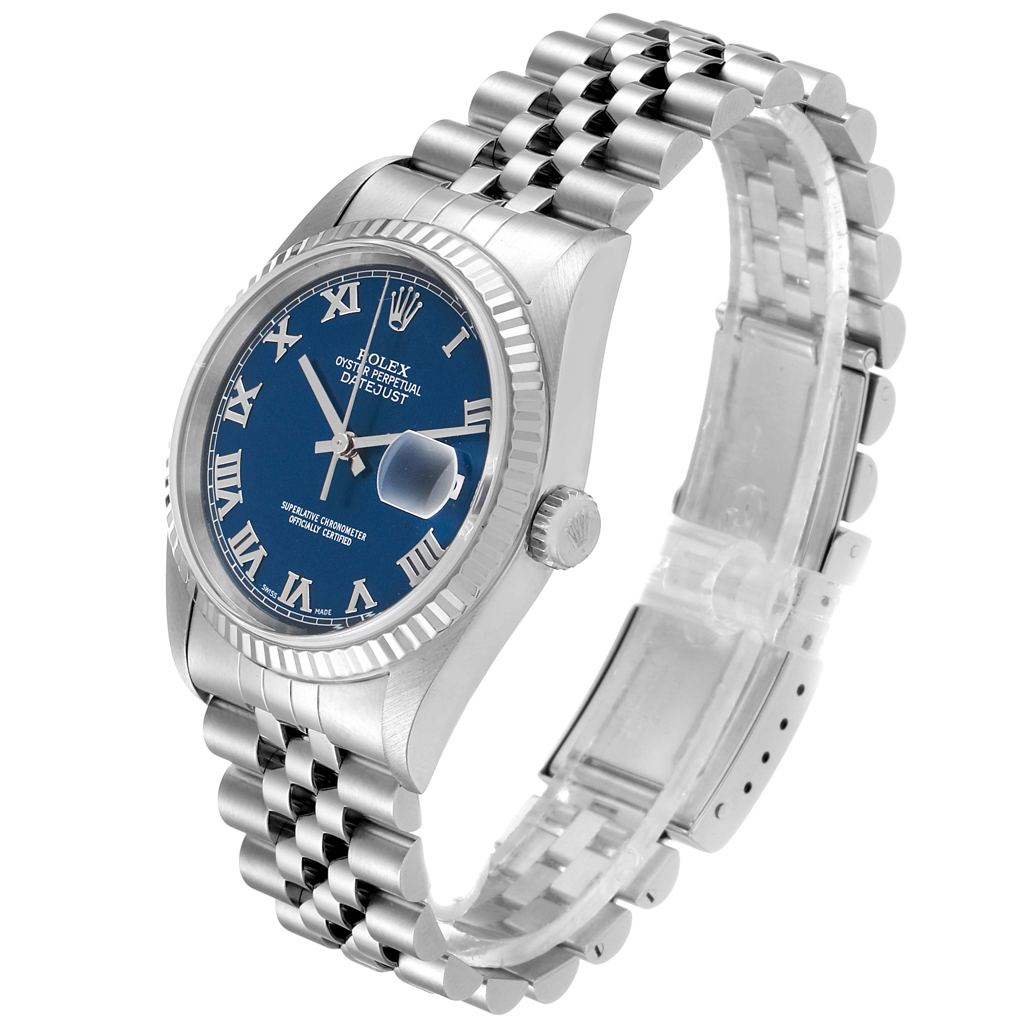 The image shows a Rolex Datejust 16234 Men's Stainless Steel Blue Dial 16234 Men's Stainless Steel Blue Dial watch at a three-quarters angle, displaying the face, bezel, crown, and bracelet.
