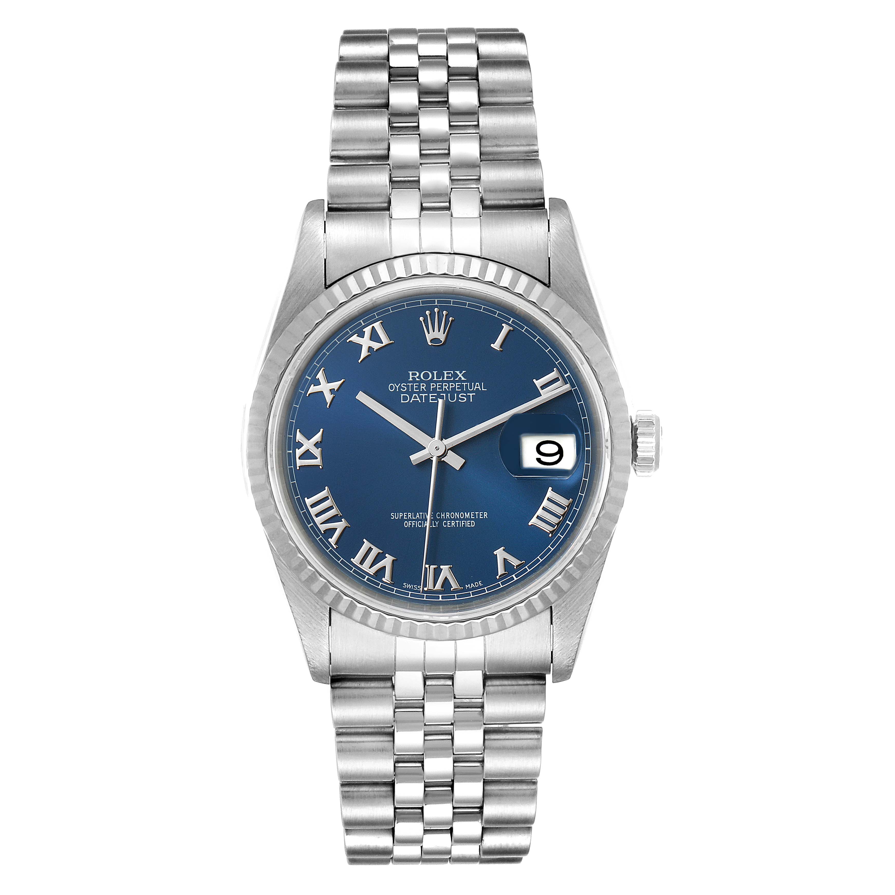 This image shows a front view of a Rolex Datejust 16234 Men's Stainless Steel Blue Dial 16234 Men's Stainless Steel Blue Dial watch, displaying the face, bezel, crown, and bracelet.