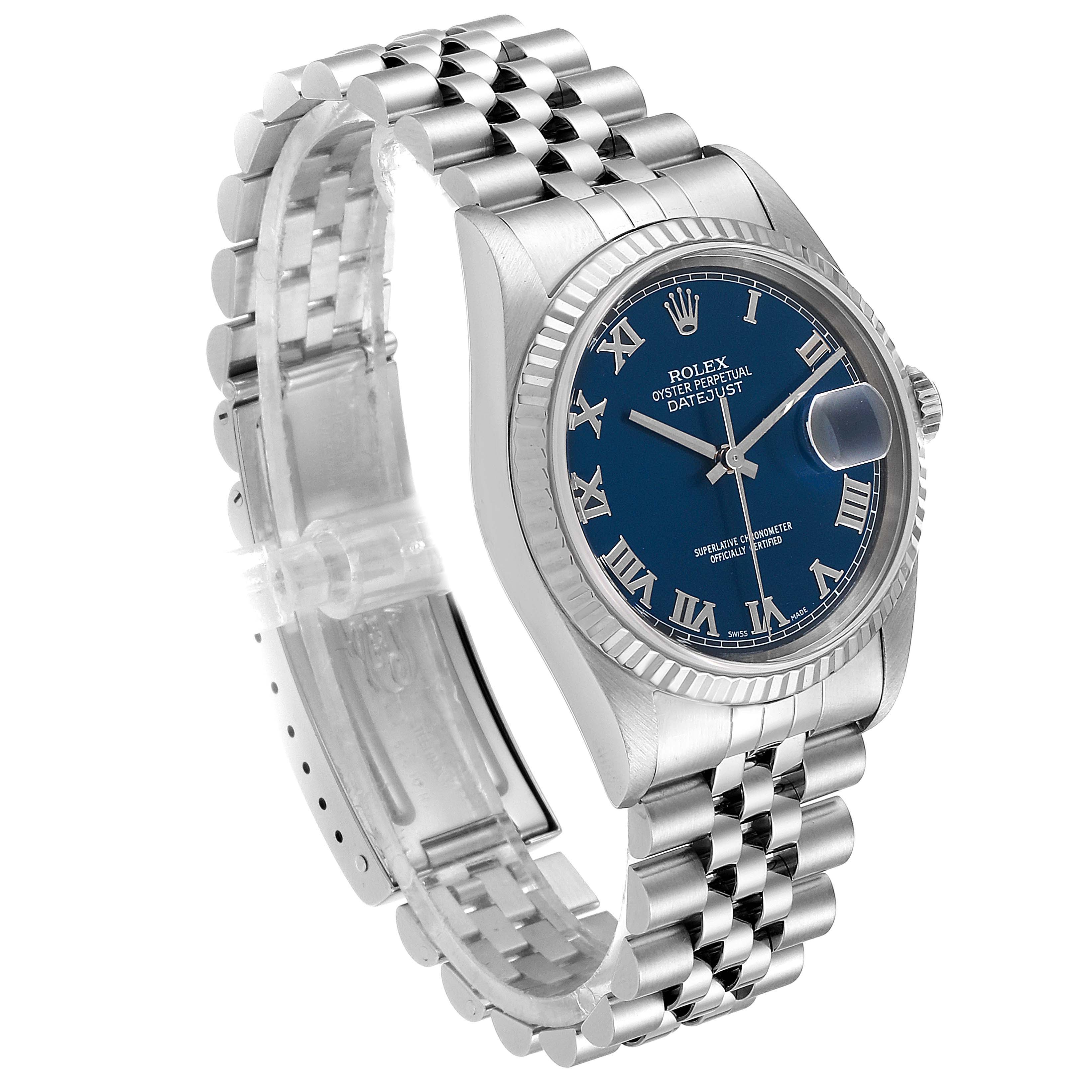 The image shows a Rolex Datejust 16234 Men's Stainless Steel Blue Dial 16234 Men's Stainless Steel Blue Dial watch positioned at a three-quarter angle, highlighting the face, bezel, and jubilee bracelet.
