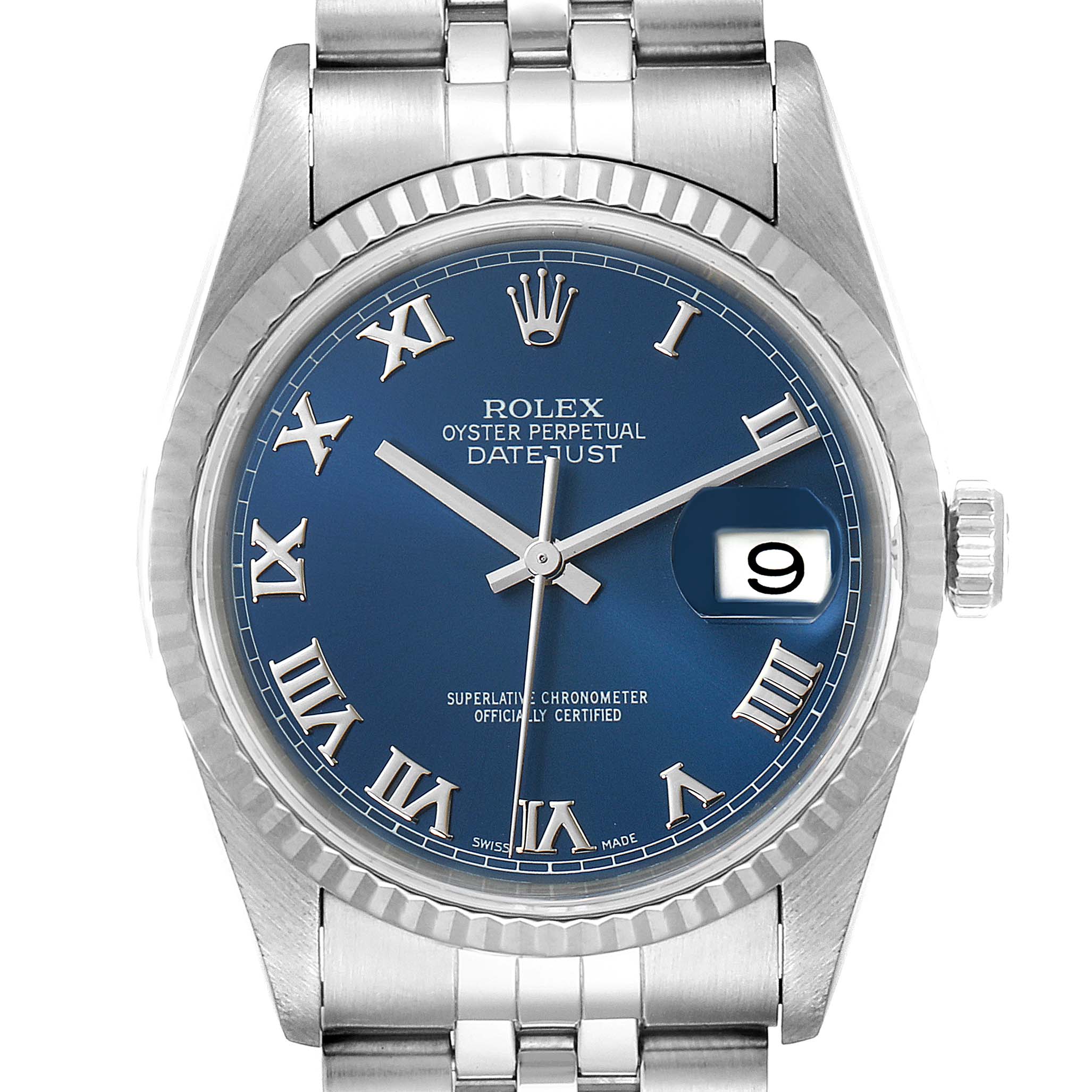 The image shows a front view of a Rolex Datejust 16234 Men's Stainless Steel Blue Dial 16234 Men's Stainless Steel Blue Dial model watch, highlighting the blue dial, Roman numerals, and date window.