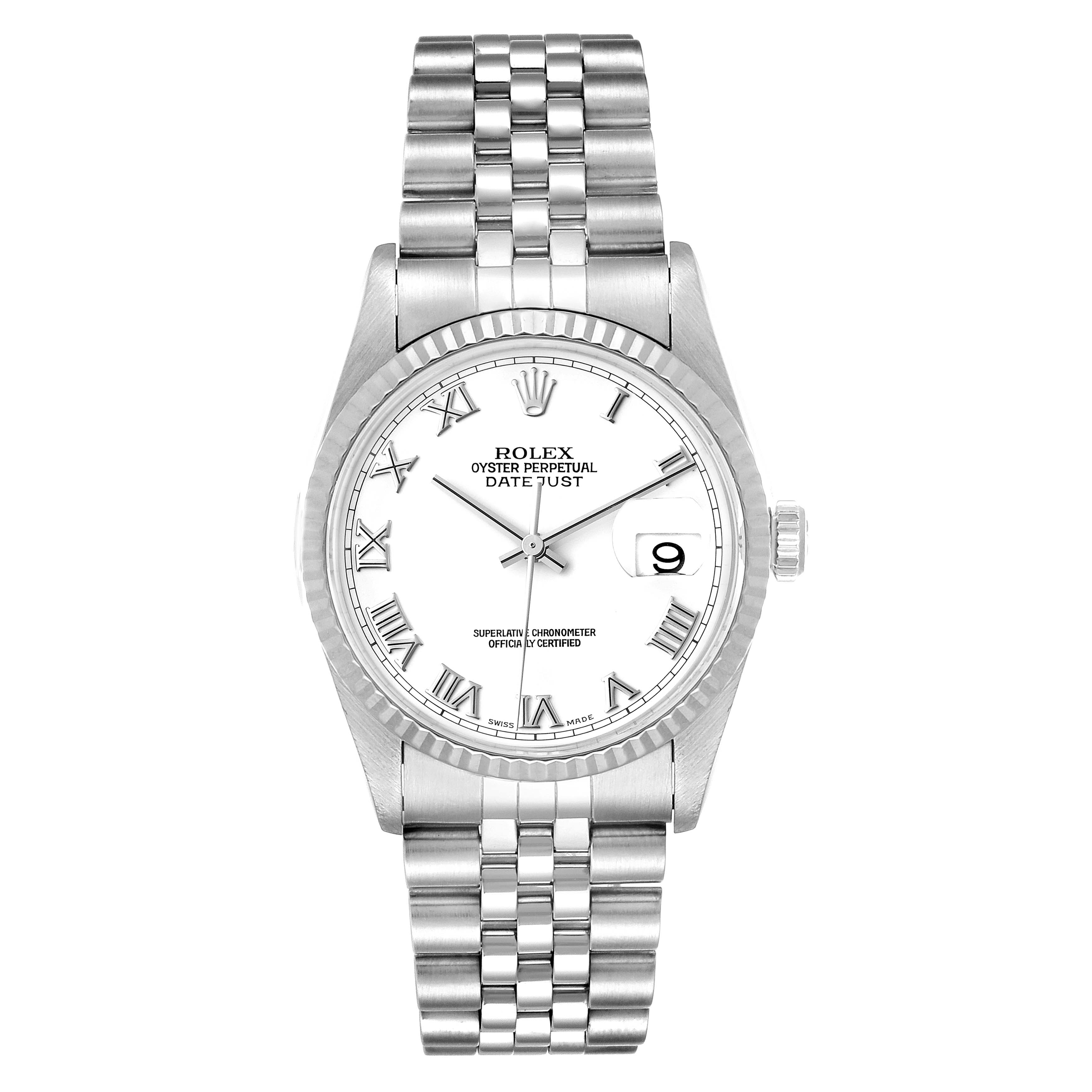 This image shows a frontal view of the Rolex Datejust 16234 Men's Stainless Steel White Dial 16234 Men's Stainless Steel White Dial watch, highlighting its dial, hands, bracelet, and date window.