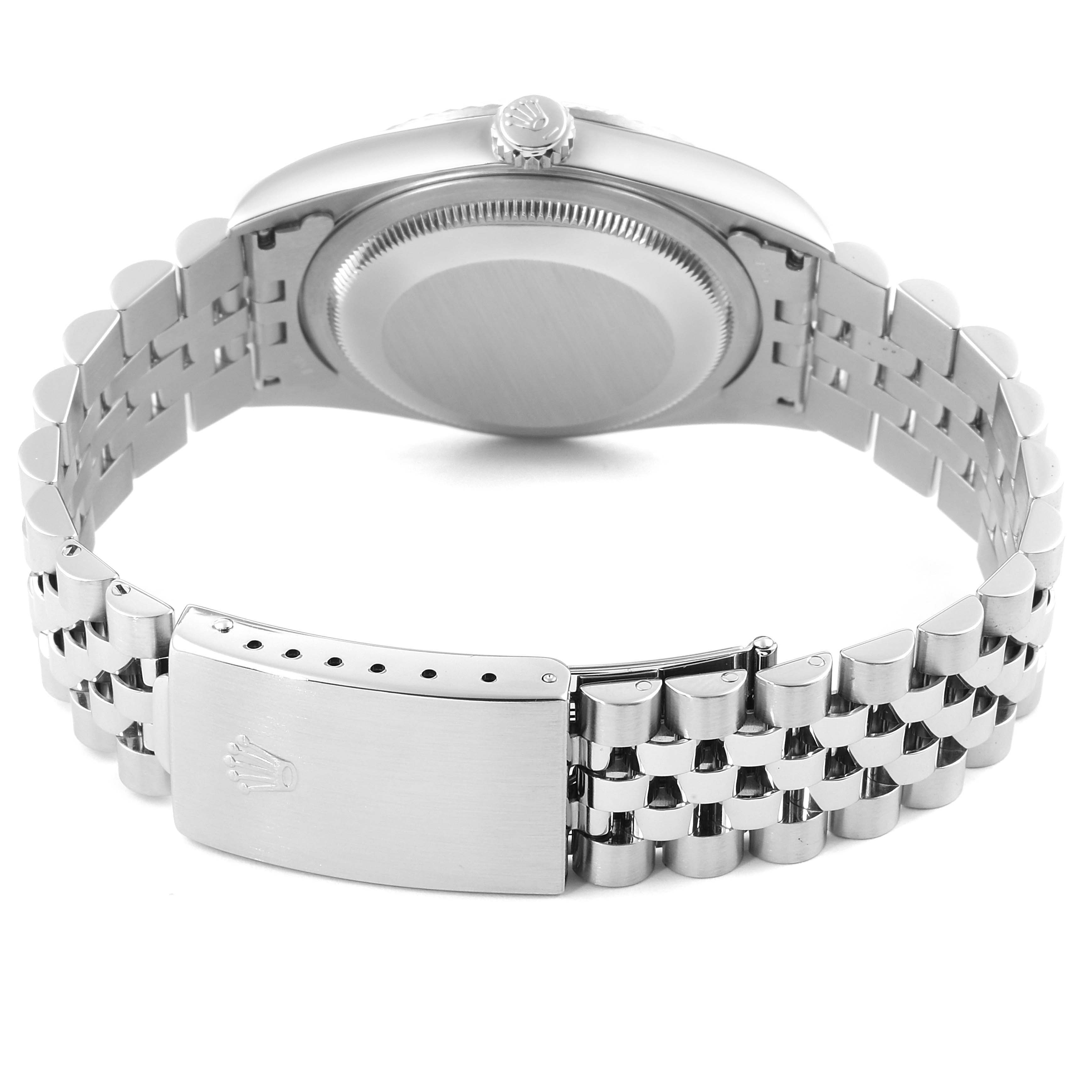 The image shows the back view of the Rolex Datejust 16234 Men's Stainless Steel White Dial 16234 Men's Stainless Steel White Dial watch, focusing on the case back and Jubilee bracelet with a clasp.