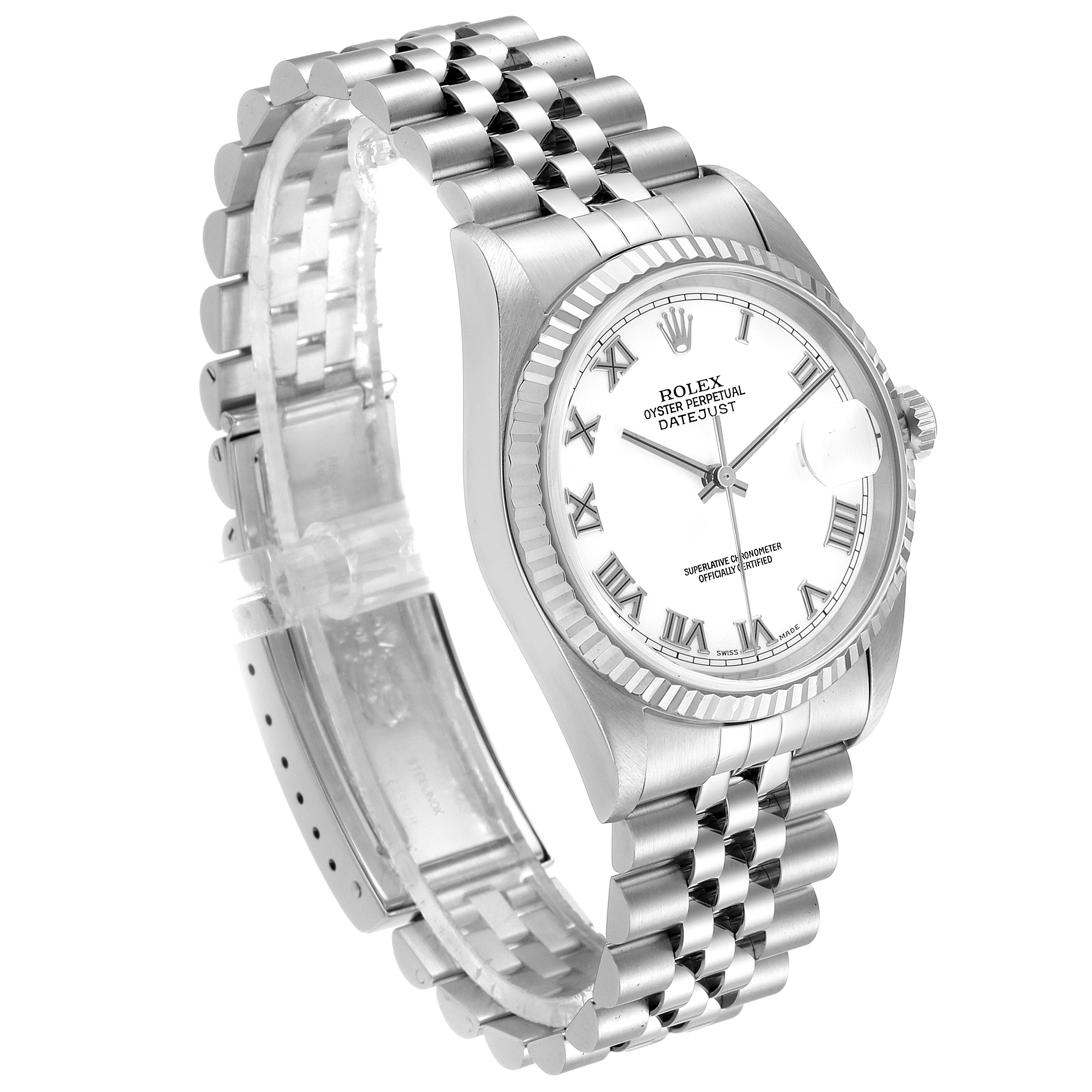 The Rolex Datejust 16234 Men's Stainless Steel White Dial 16234 Men's Stainless Steel White Dial watch is shown at a three-quarter angle, highlighting the dial, bezel, case, and bracelet.