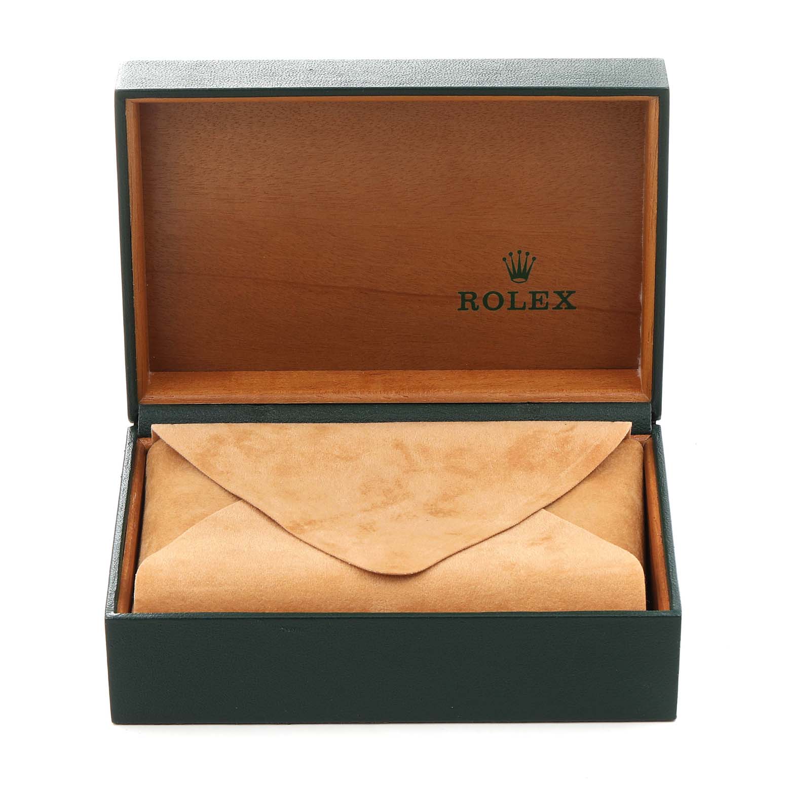 The image shows an open Rolex box with a suede pouch, typically used for a Rolex Datejust 16234 Men's Stainless Steel White Dial 16234 Men's Stainless Steel White Dial model watch.