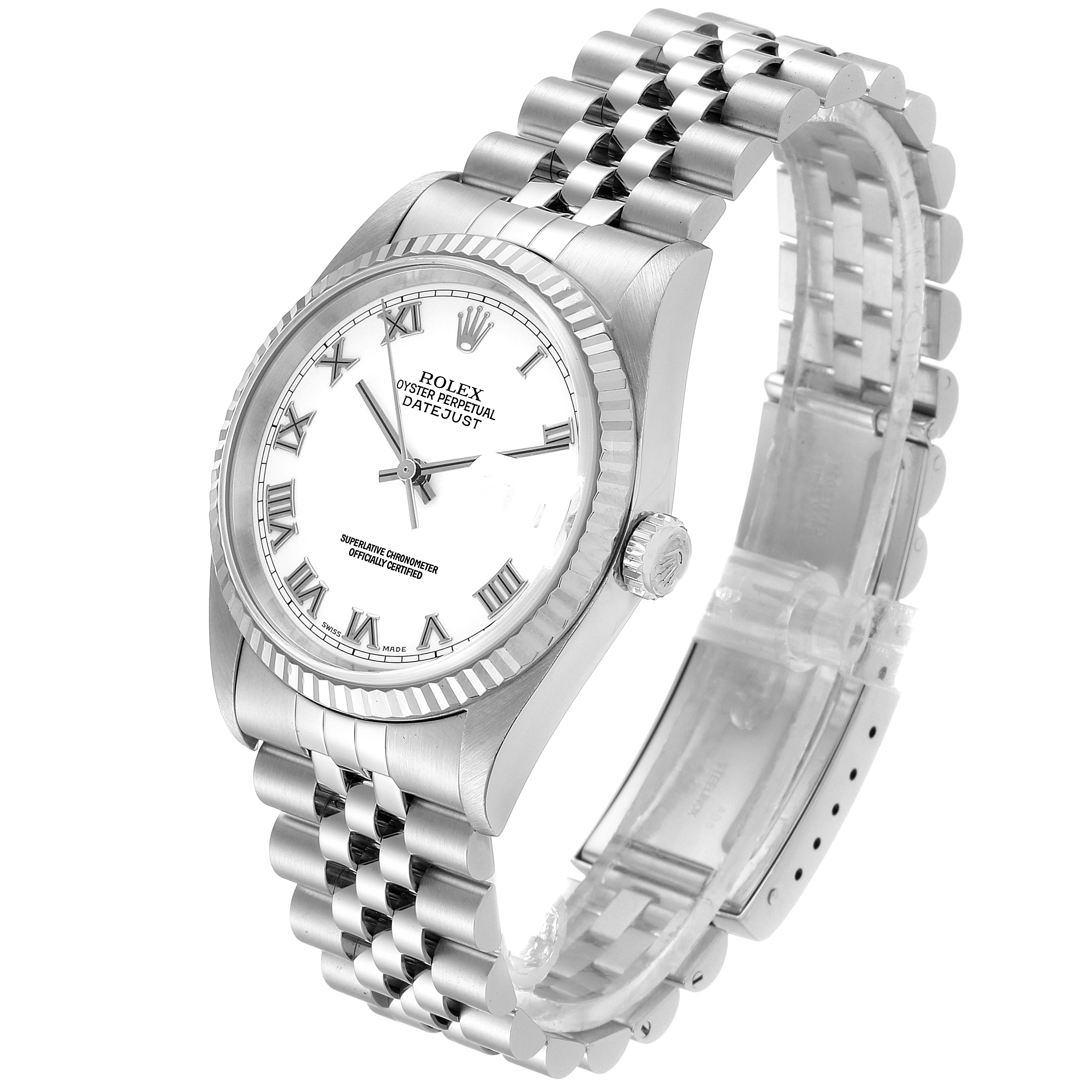 The image shows a Rolex Datejust 16234 Men's Stainless Steel White Dial 16234 Men's Stainless Steel White Dial watch at a three-quarter angle, displaying the dial, bezel, crown, and bracelet.